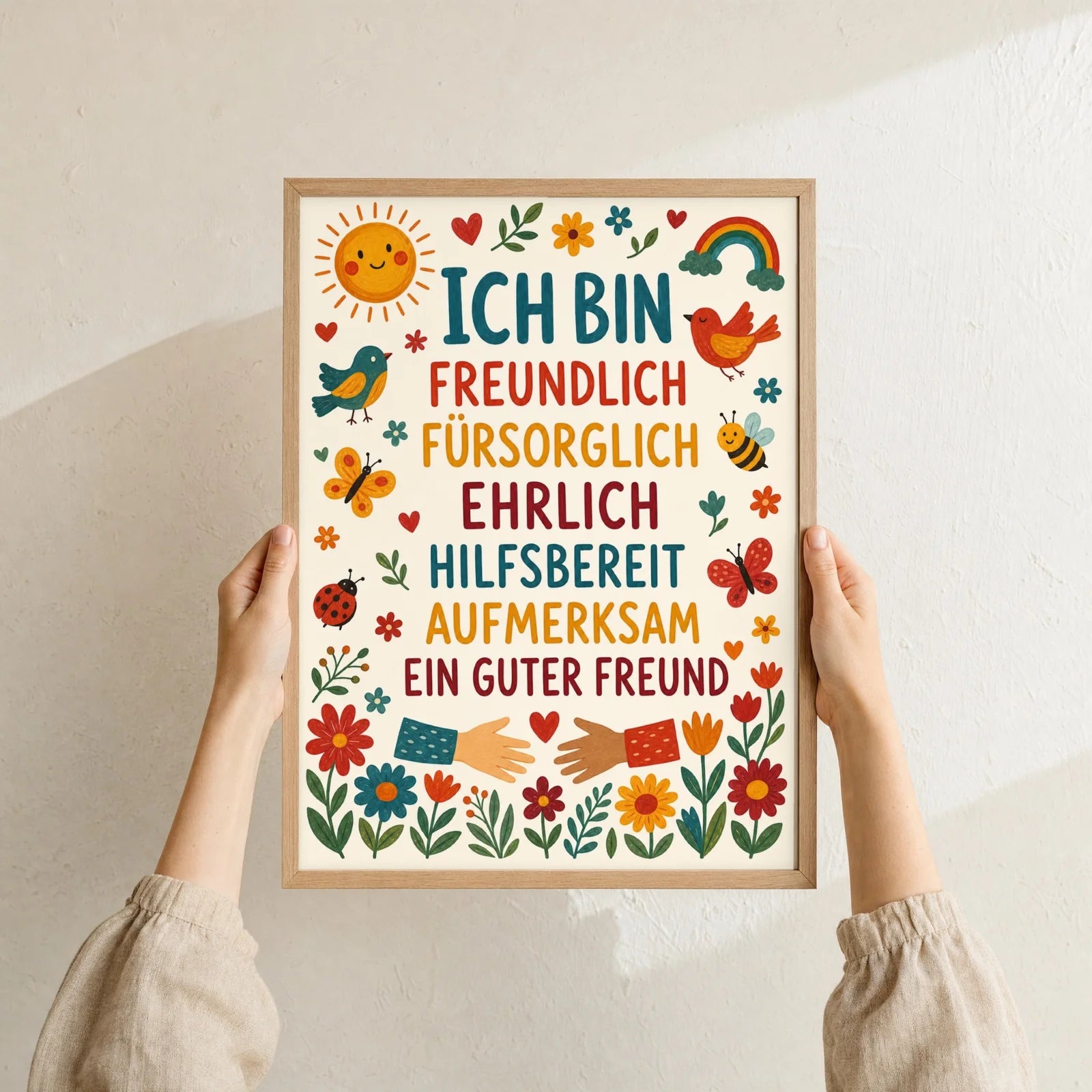 Affirmationsposter Kinderzimmer Blumen Ich bin freundlich, Format 30 x 40 cm, Rahmen optional