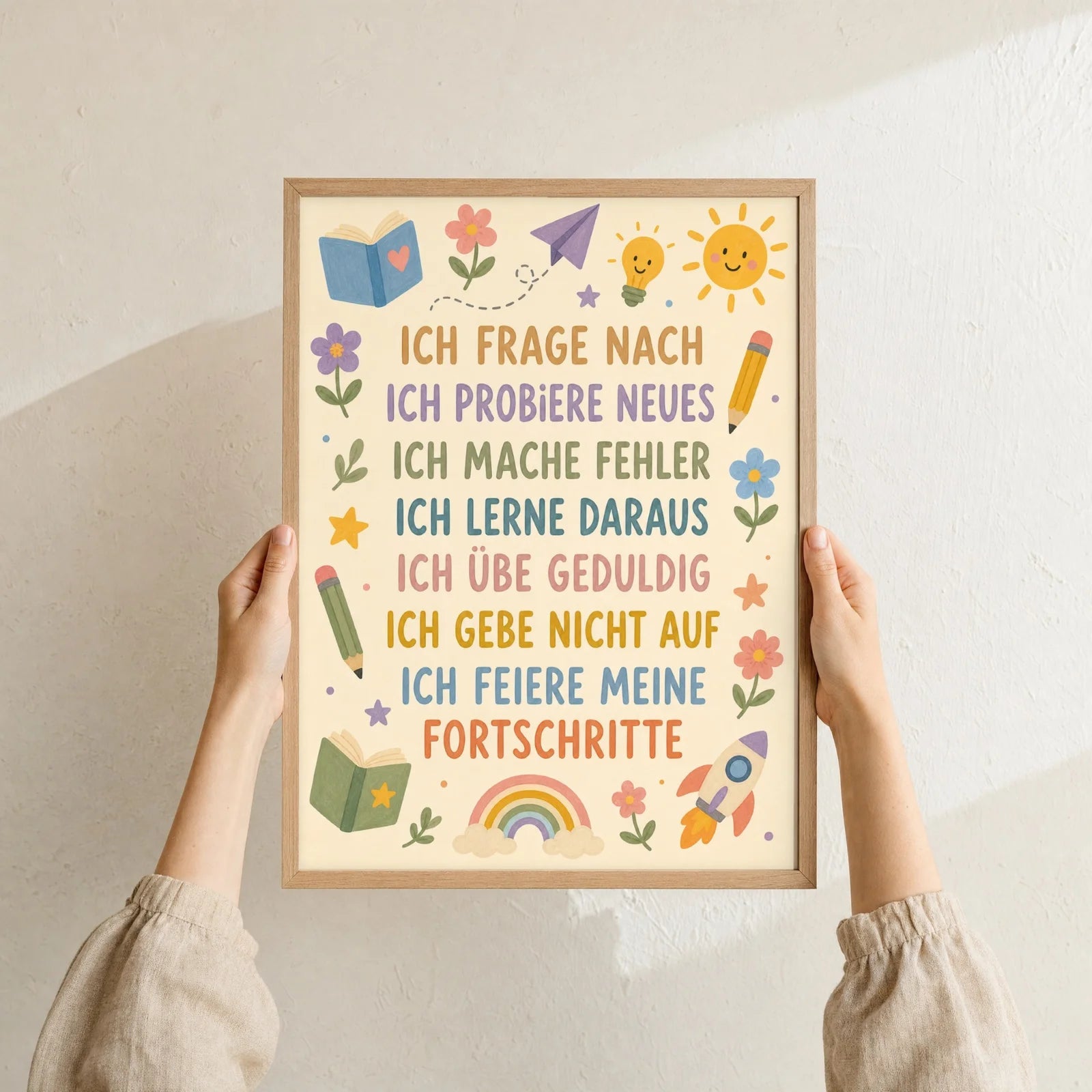 Affirmationsposter Kinderzimmer Blumenwiese Ich frage nach, Format 30 x 40 cm, Rahmen optional