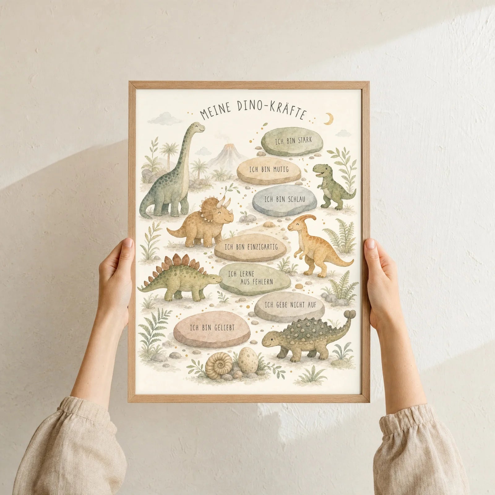 Affirmationsposter Kinderzimmer Dino-Kräfte, Format 30 x 40 cm, Rahmen optional