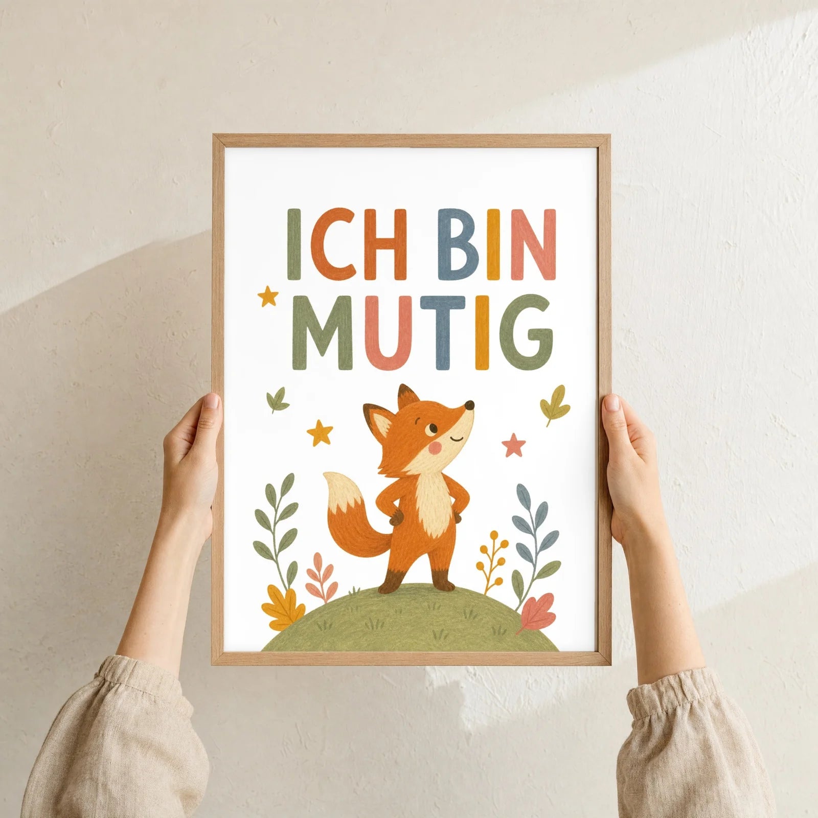 Affirmationsposter Kinderzimmer Fuchs Ich bin mutig, Format 30 x 40 cm, Rahmen optional