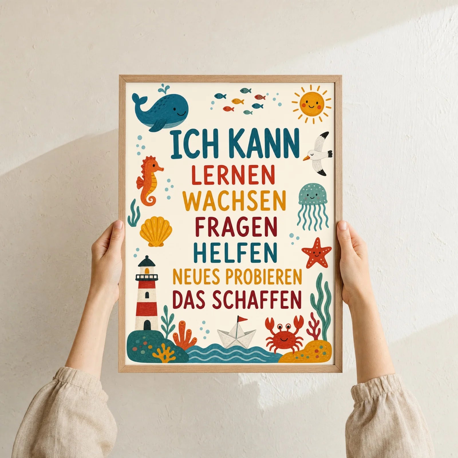 Affirmationsposter Kinderzimmer Meer Ich kann lernen, Format 30 x 40 cm, Rahmen optional