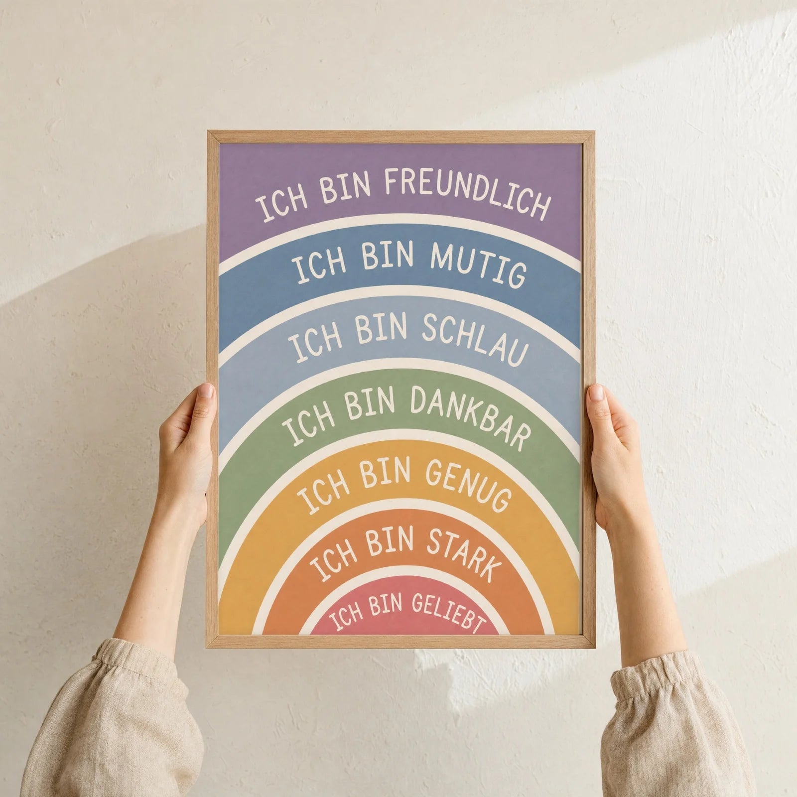 Affirmationsposter Kinderzimmer Regenbogen Ich bin freundlich, Format 30 x 40 cm, Rahmen optional