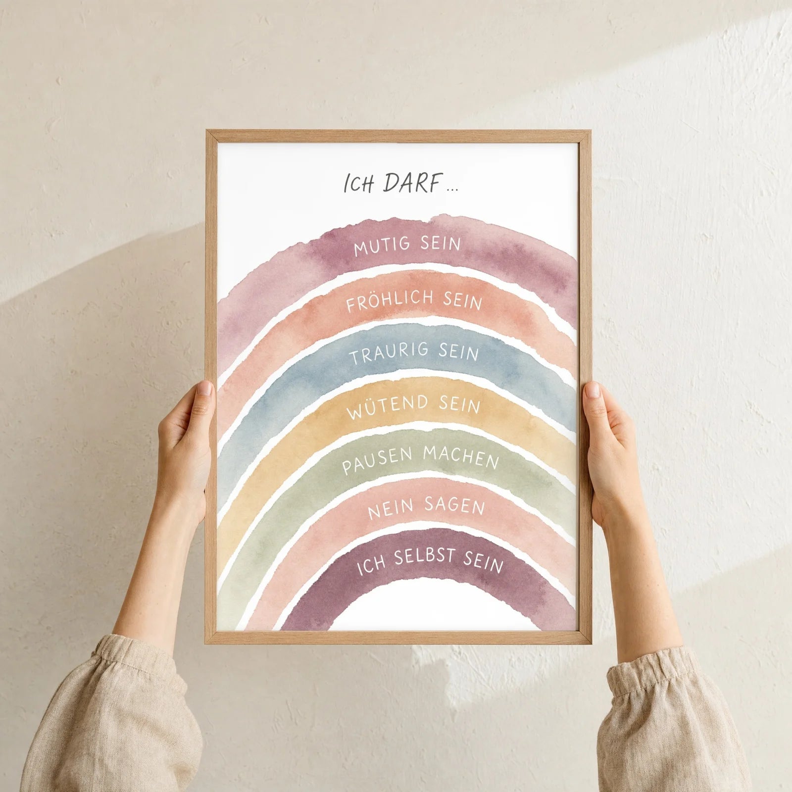 Affirmationsposter Kinderzimmer Regenbogen Ich darf, Format 30 x 40 cm, Rahmen optional
