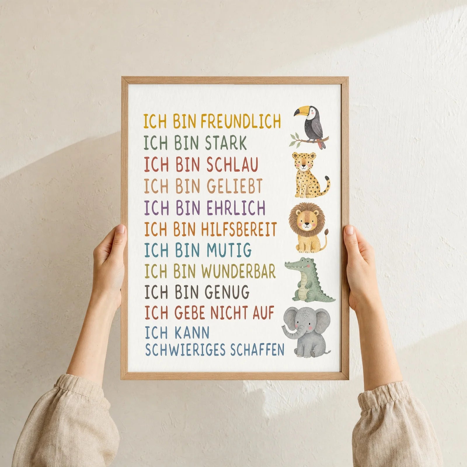 Affirmationsposter Kinderzimmer Safaritiere, Format 30 x 40 cm, Rahmen optional