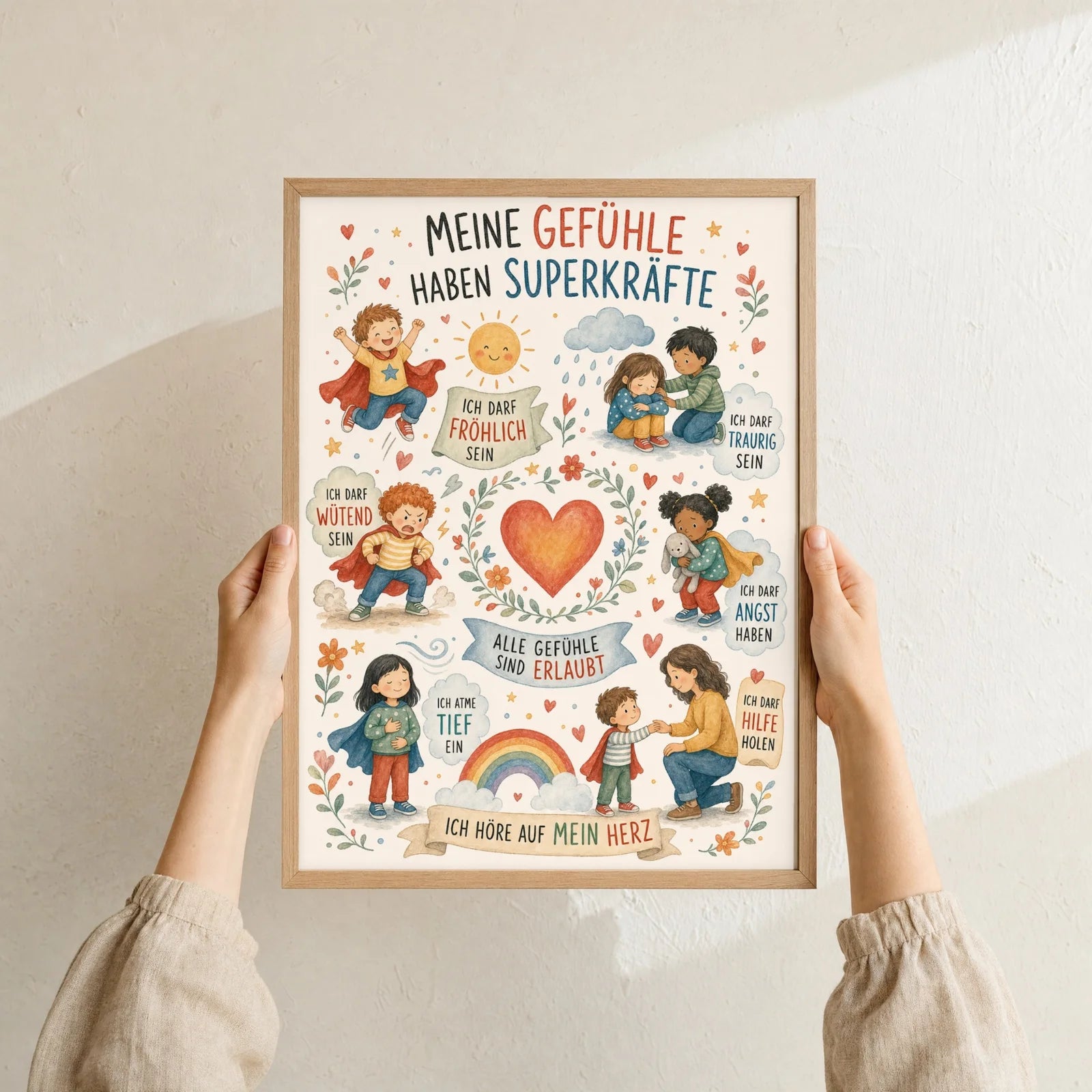 Affirmationsposter Kinderzimmer Wimmelbild Gefühle, Format 30 x 40 cm, Rahmen optional