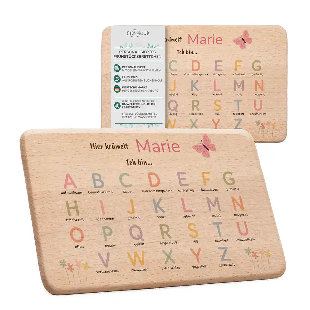 ABC Brettchen Kinder personalisiert Schmetterling pastell – Maritim-Lifestyle 2