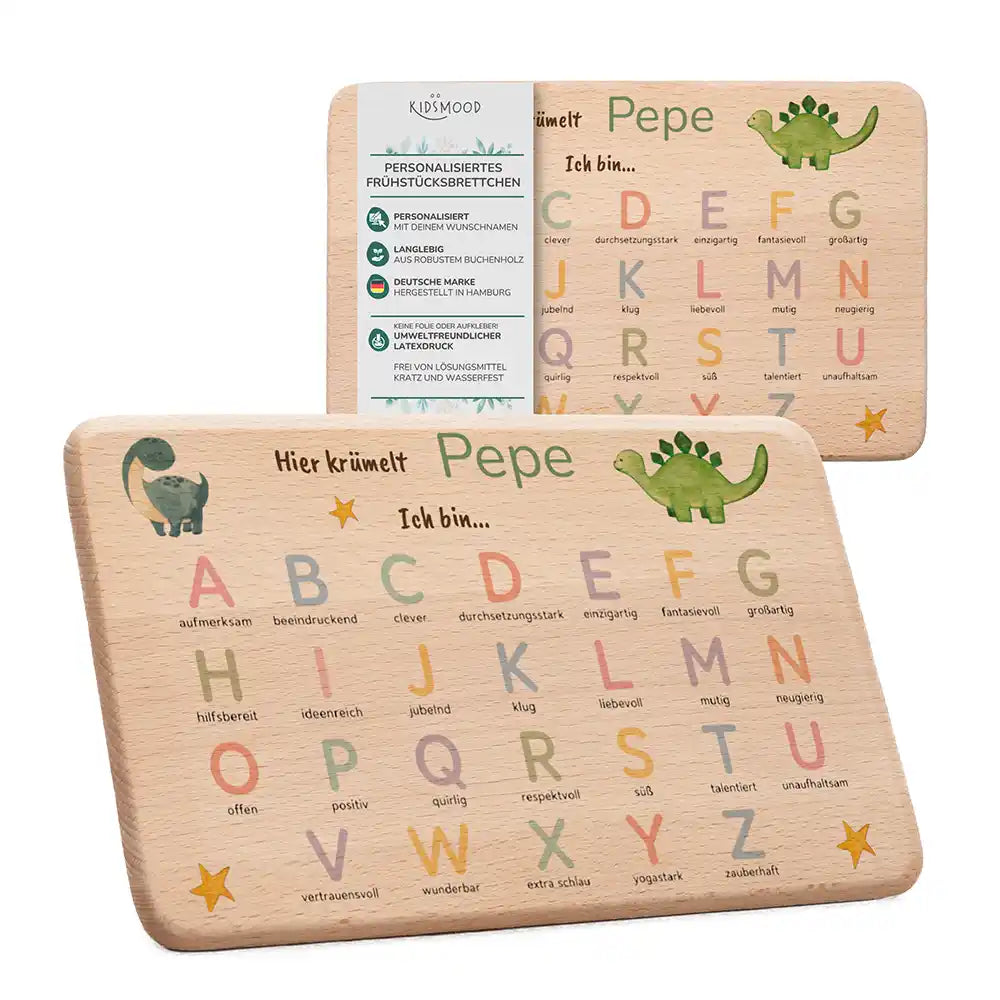 ABC Brettchen Kinder personalisiert Dinosaurier pastell – Maritim-Lifestyle 2