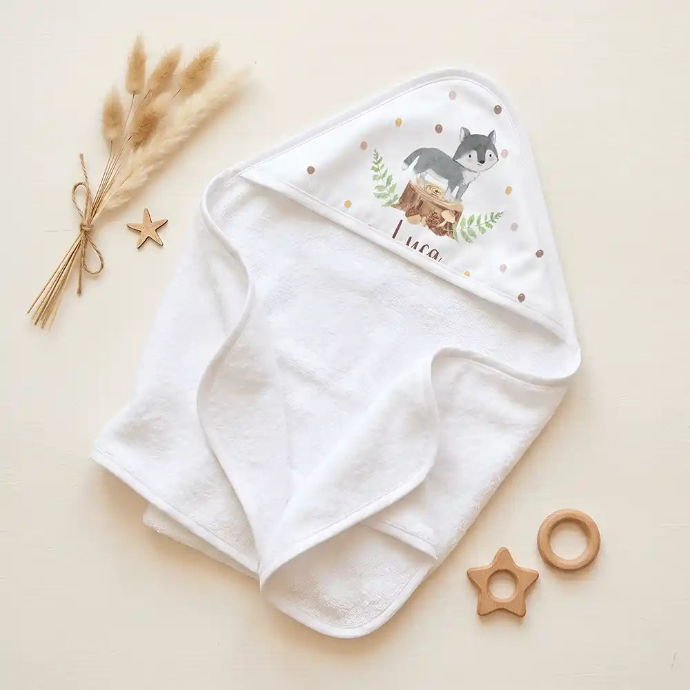 Personalisiertes Kapuzenhandtuch Baby Wolf Wald – Set für Zwillinge im Rattan-Look