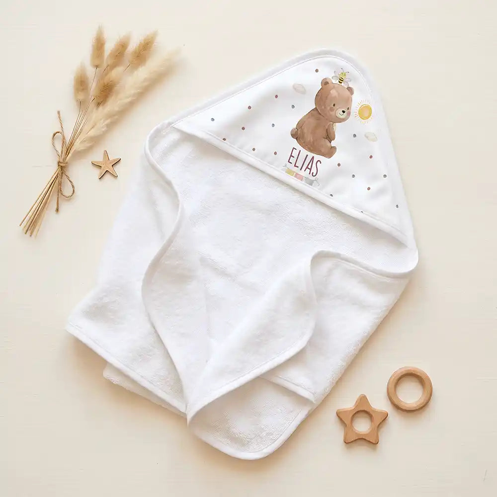 Personalisiertes Kapuzenhandtuch Baby Bär Sonne – Set für Zwillinge im Rattan-Look
