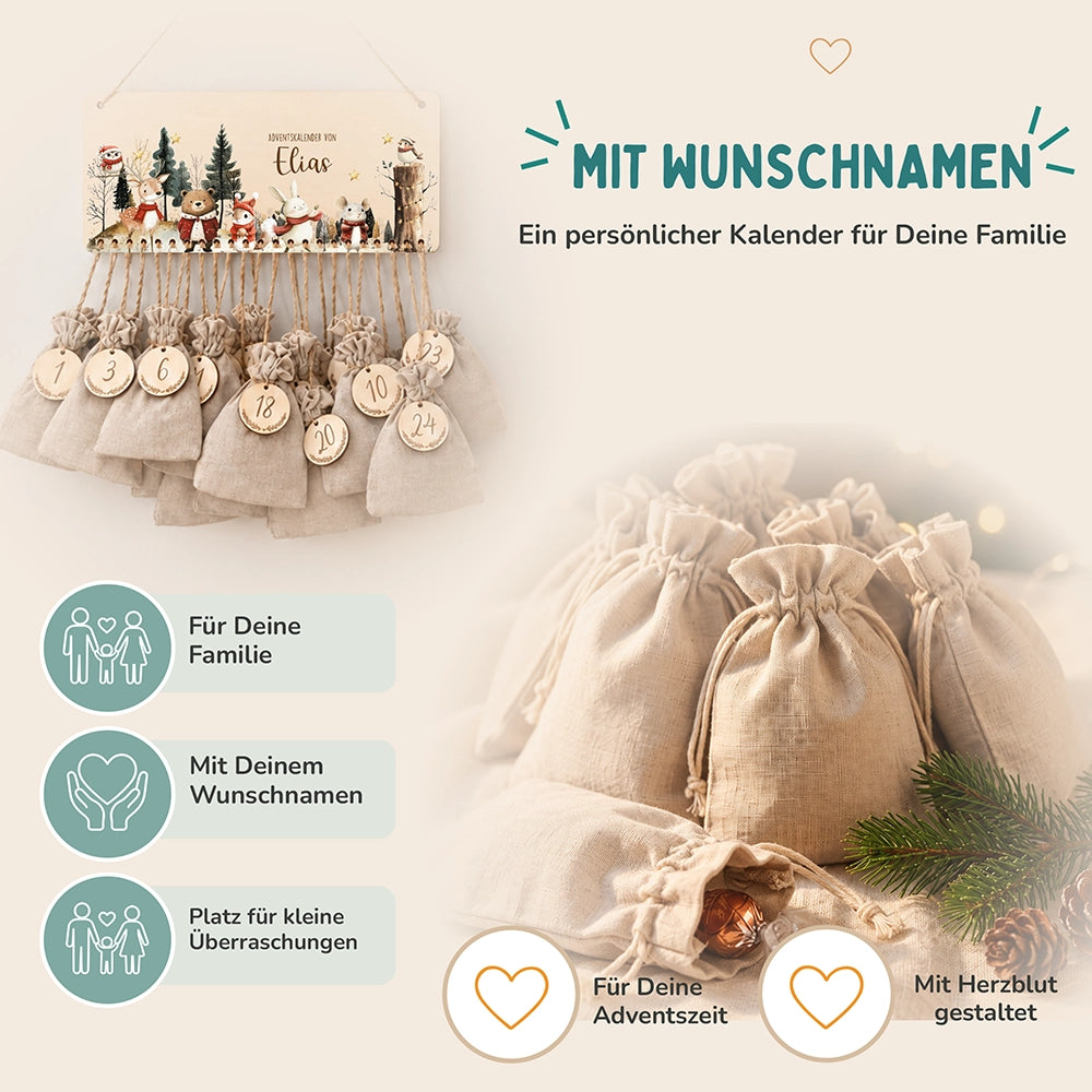 Personalisierbarer Adventskalender farbig - Frohe Tierfamilie