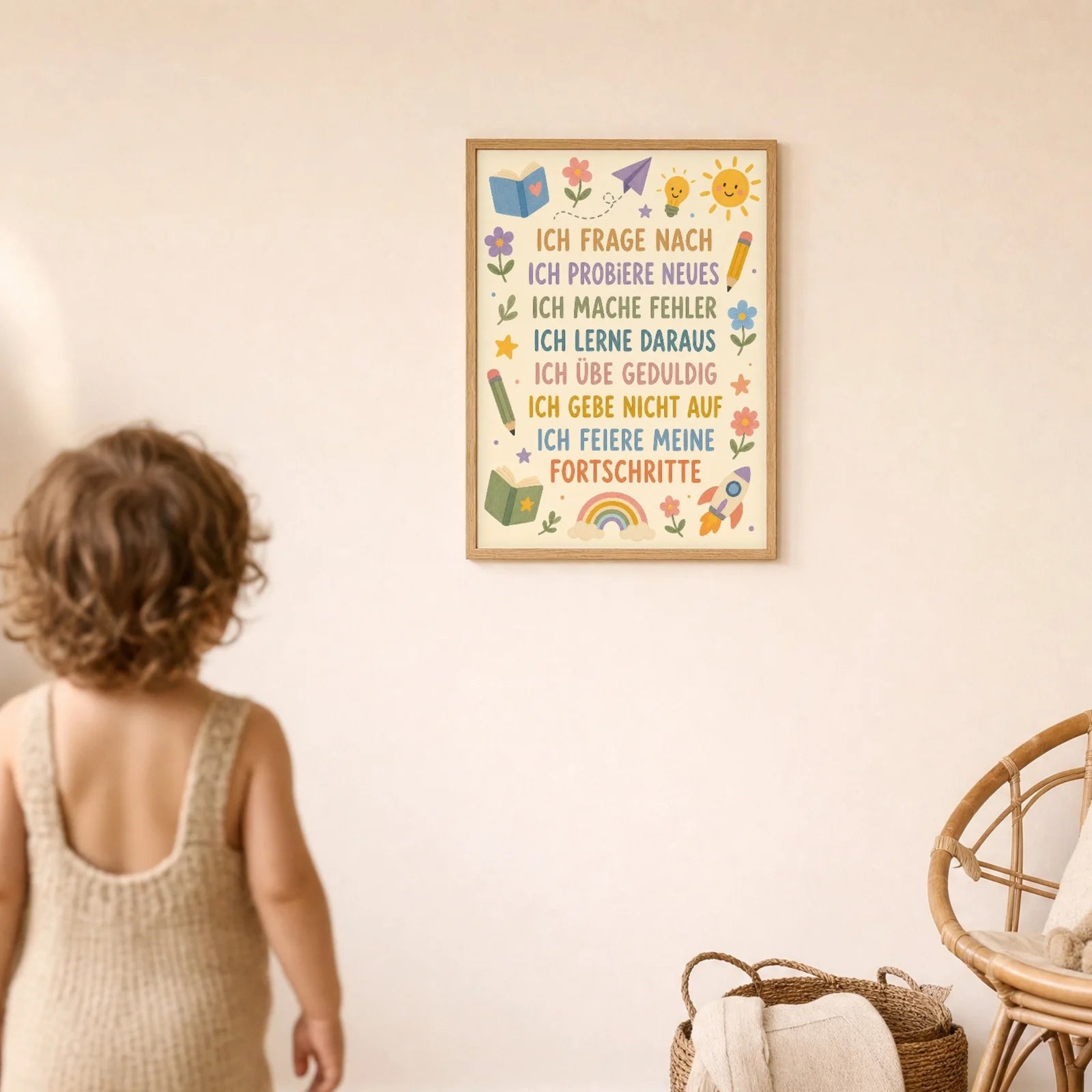 Affirmationsposter Kinderzimmer Blumenwiese Ich frage nach, im Detail auf 300 g Papier