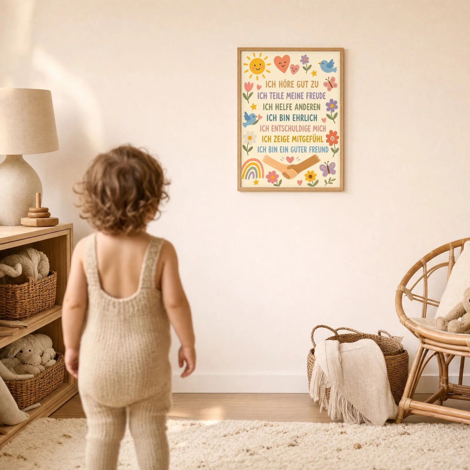 Affirmationsposter Kinderzimmer Blumenwiese Ich höre zu, im Detail auf 300 g Papier