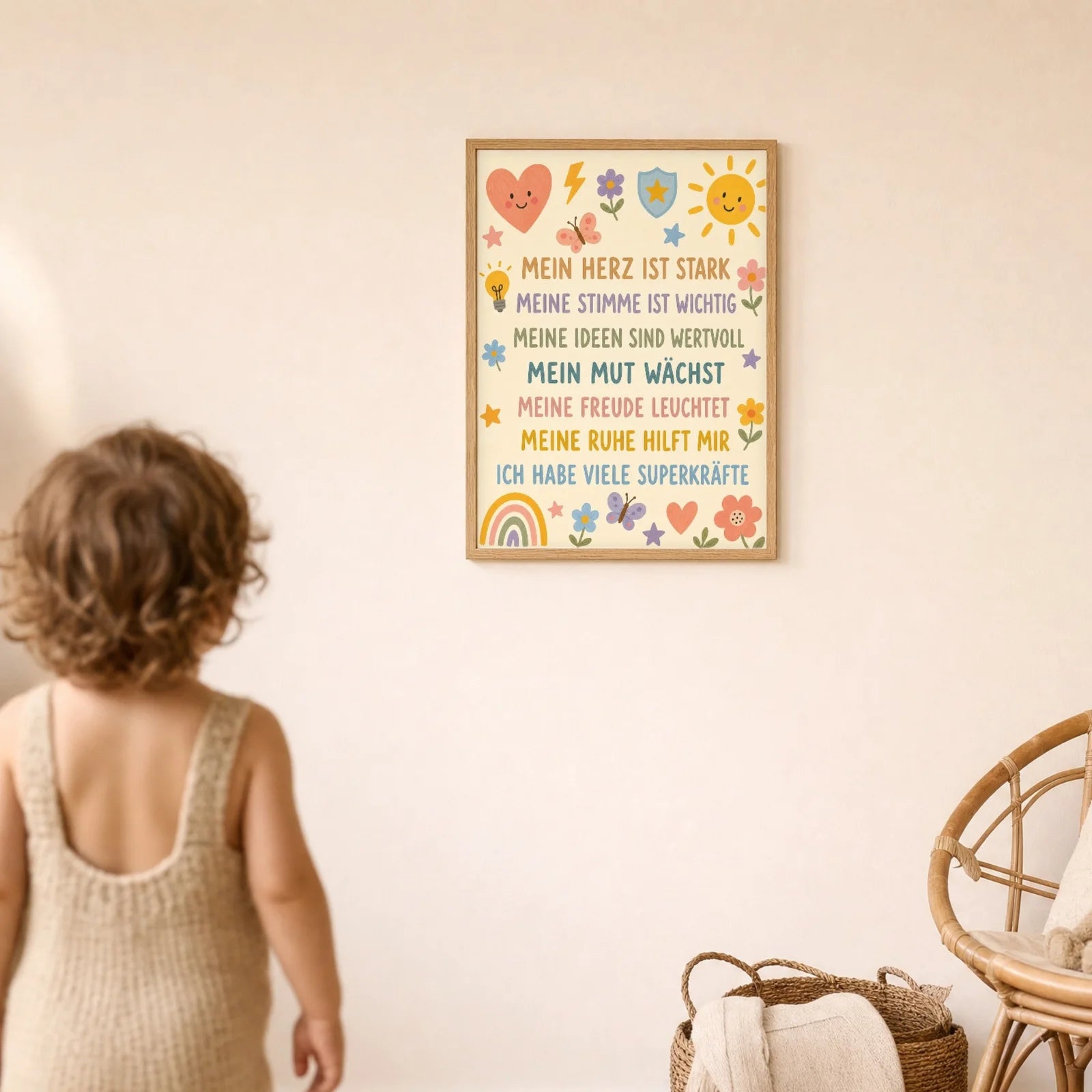 Affirmationsposter Kinderzimmer Blumenwiese Superkräfte, im Detail auf 300 g Papier