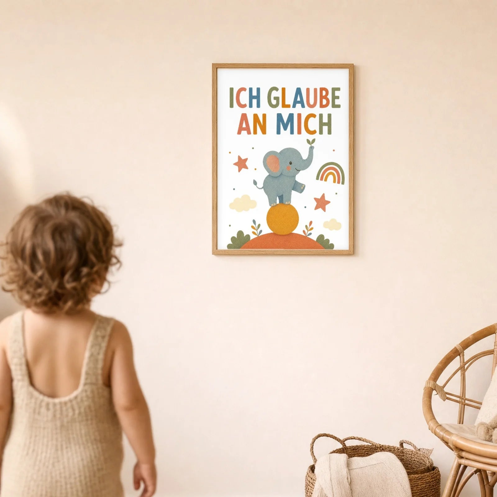 Affirmationsposter Kinderzimmer Elefant Ich glaube an mich, im Detail auf 300 g Papier