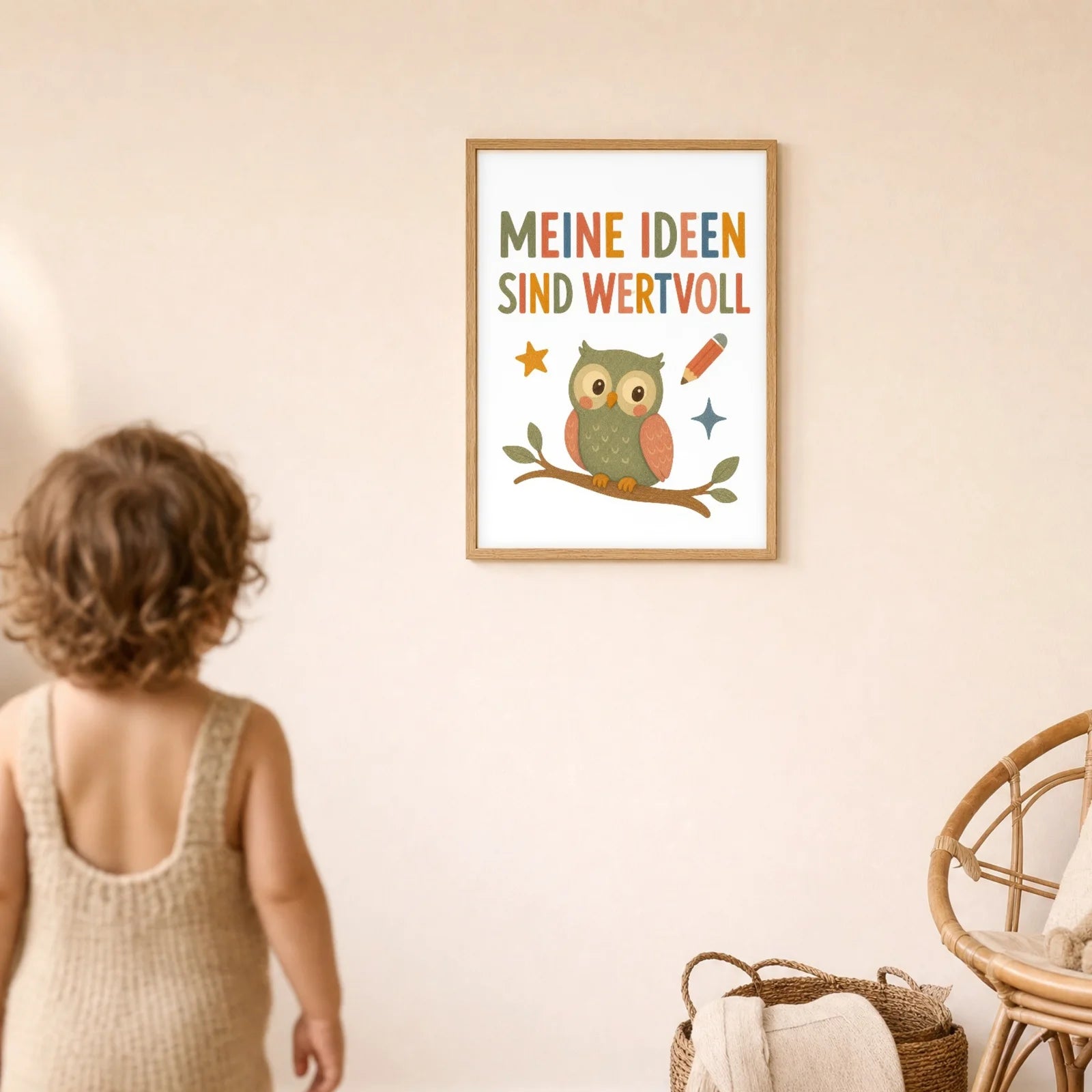 Affirmationsposter Kinderzimmer Eule Meine Ideen sind wertvoll, im Detail auf 300 g Papier