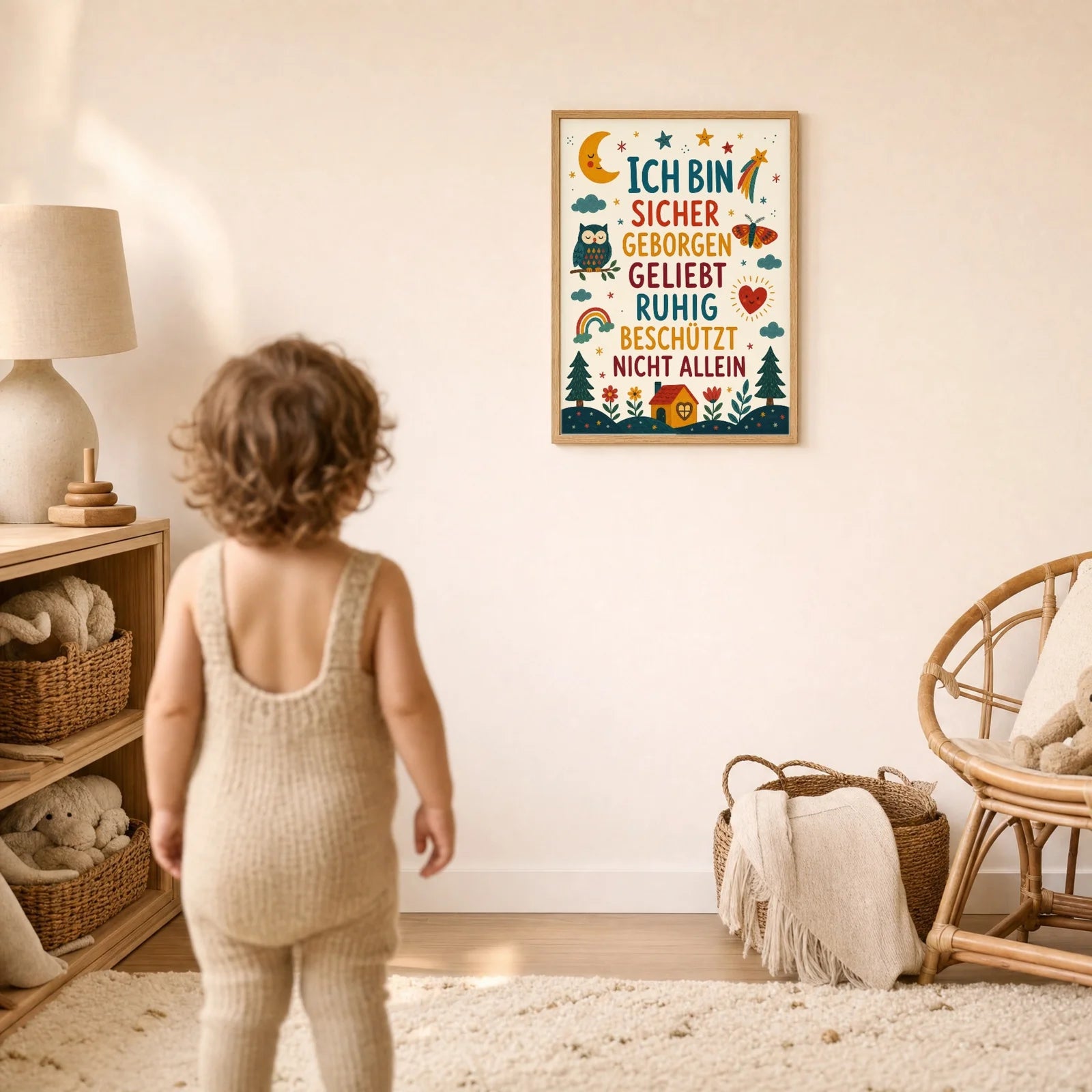 Affirmationsposter Kinderzimmer Nachthimmel Ich bin sicher, im Detail auf 300 g Papier