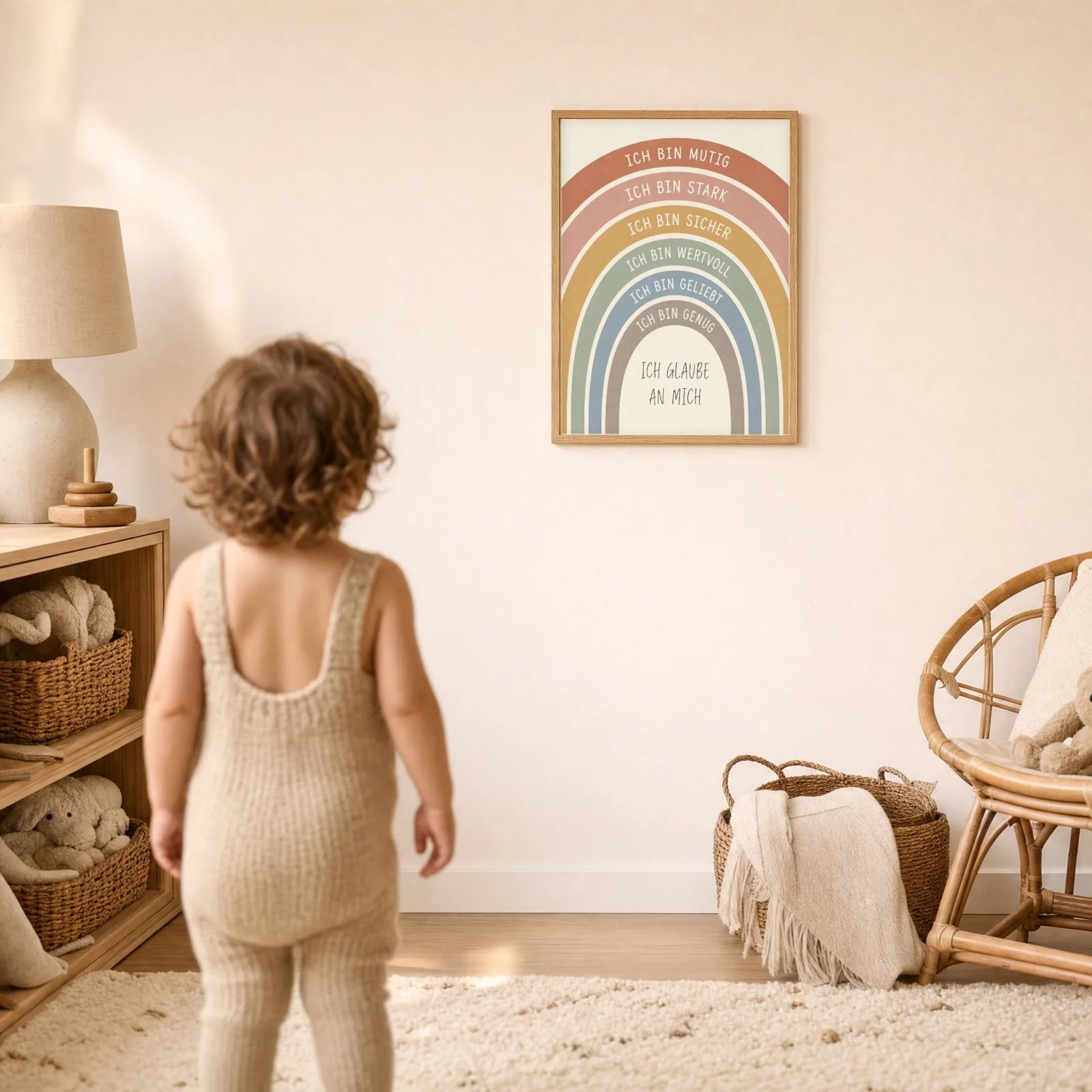 Affirmationsposter Kinderzimmer Regenbogen Creme, im Detail auf 300 g Papier