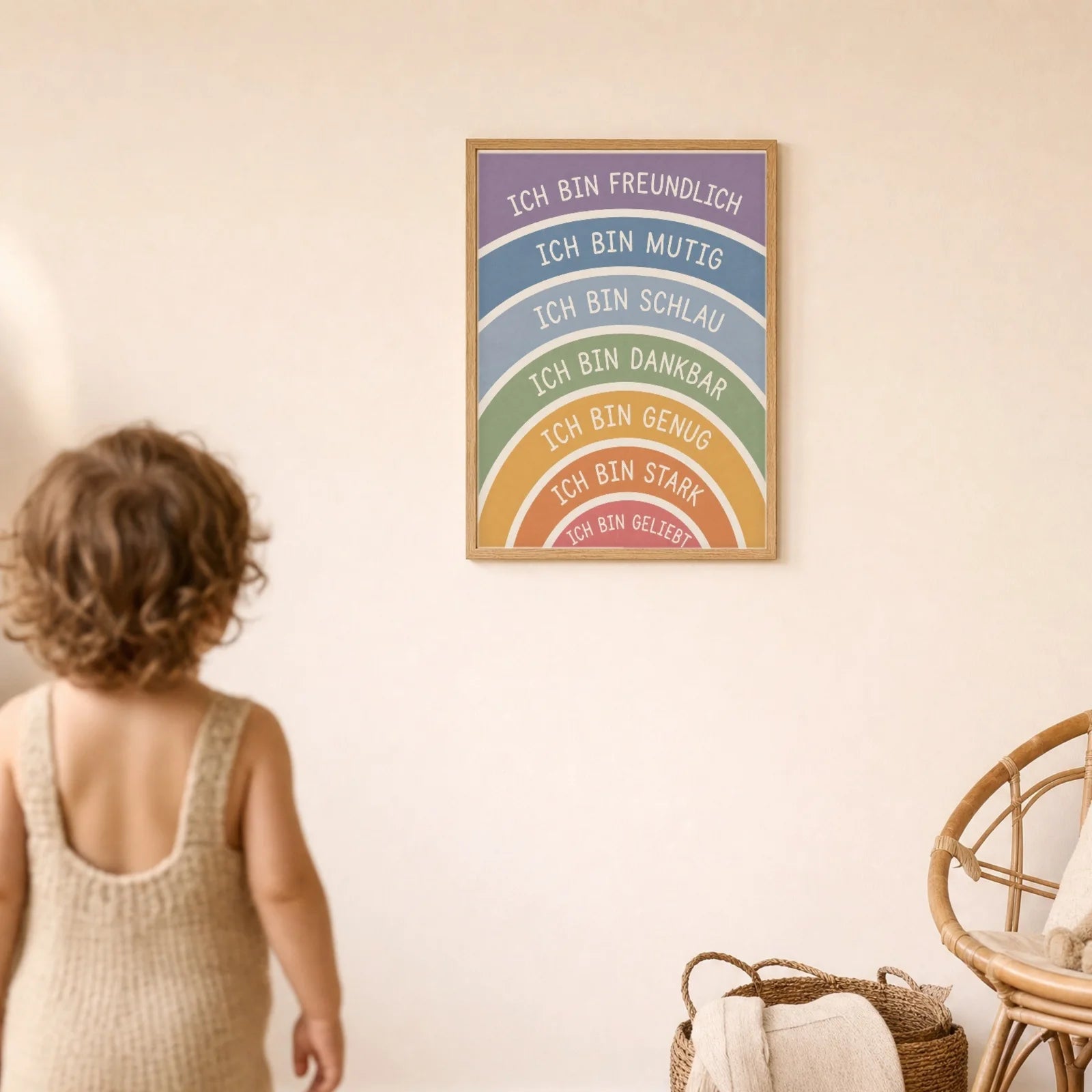 Affirmationsposter Kinderzimmer Regenbogen Ich bin freundlich, im Detail auf 300 g Papier