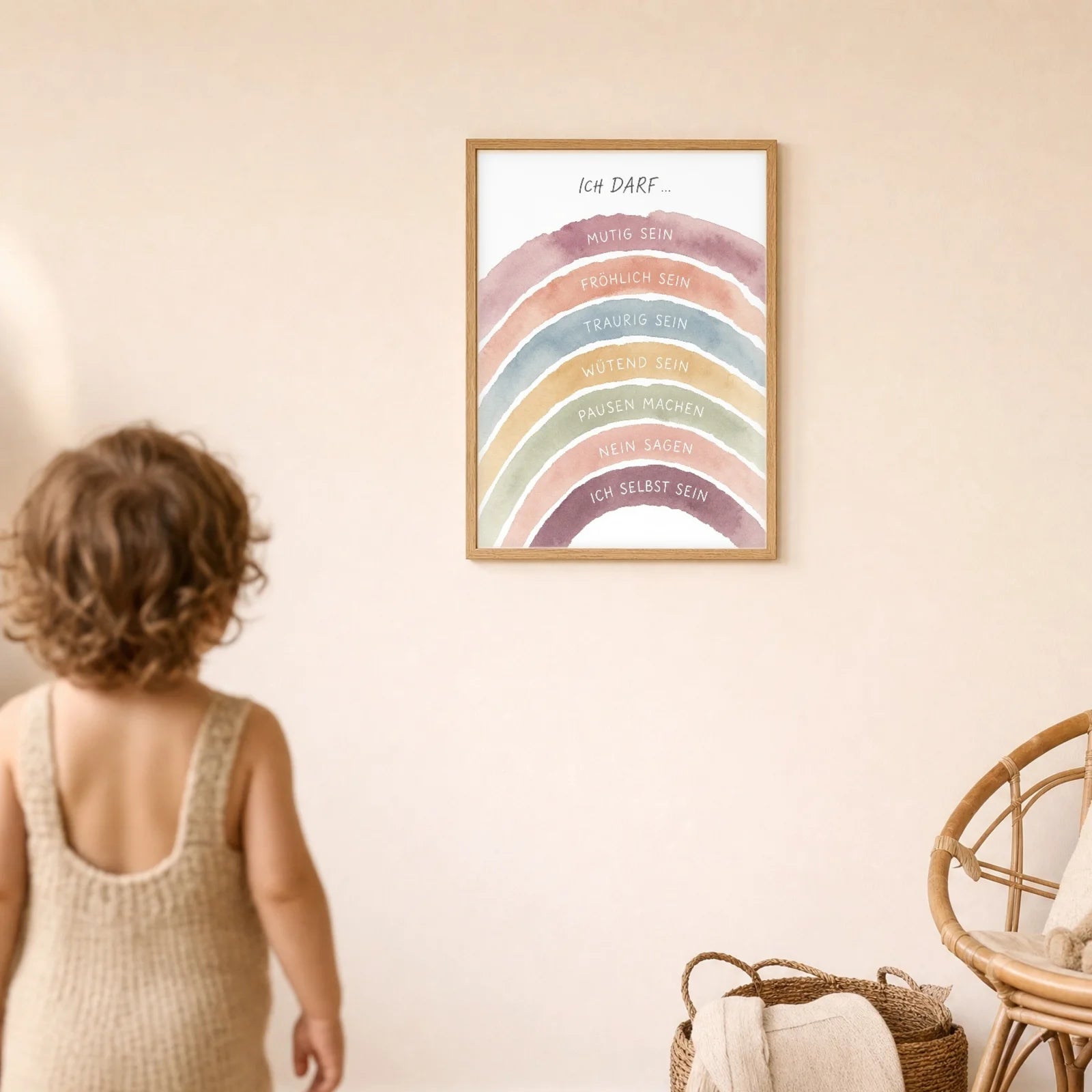 Affirmationsposter Kinderzimmer Regenbogen Ich darf, im Detail auf 300 g Papier