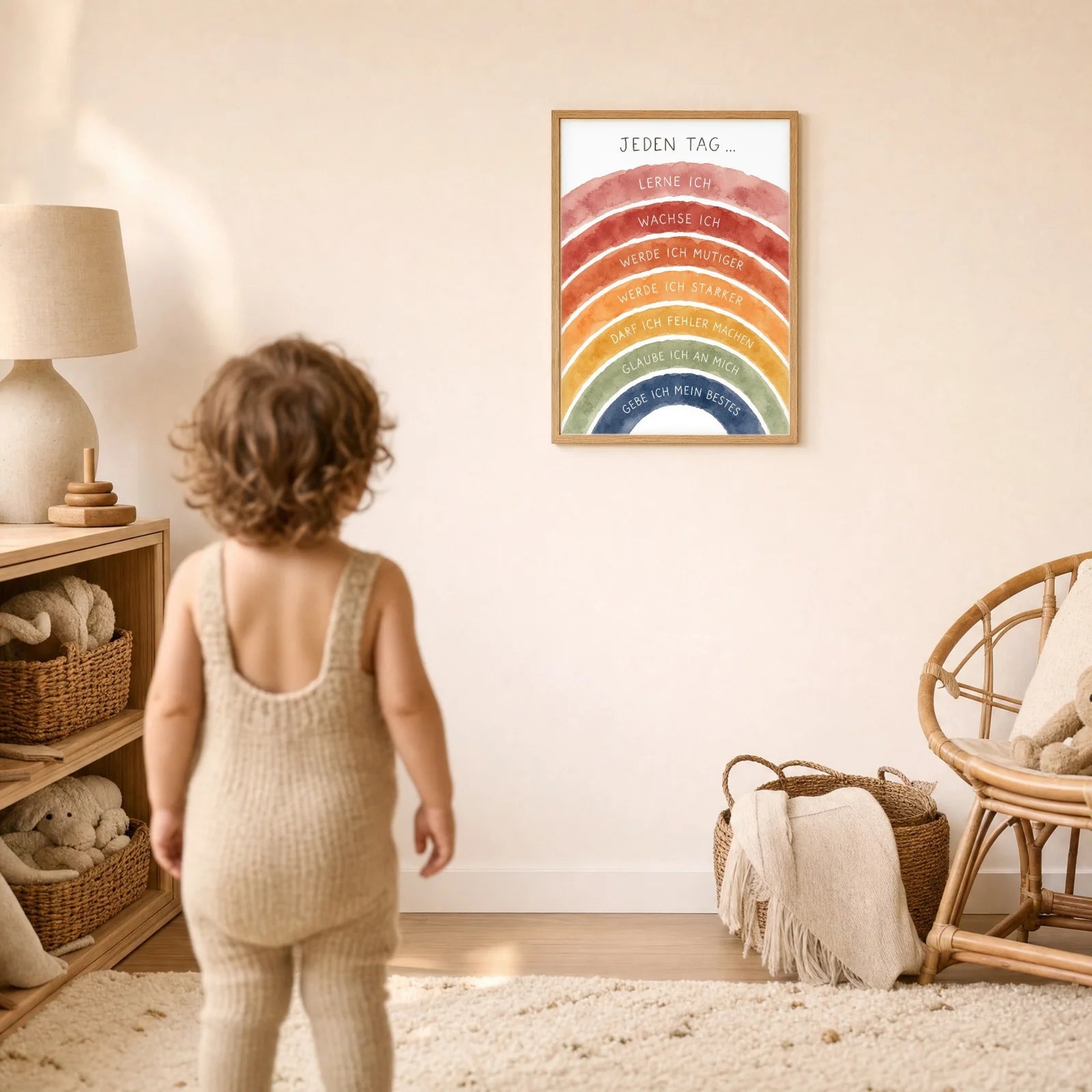 Affirmationsposter Kinderzimmer Regenbogen Jeden Tag, im Detail auf 300 g Papier