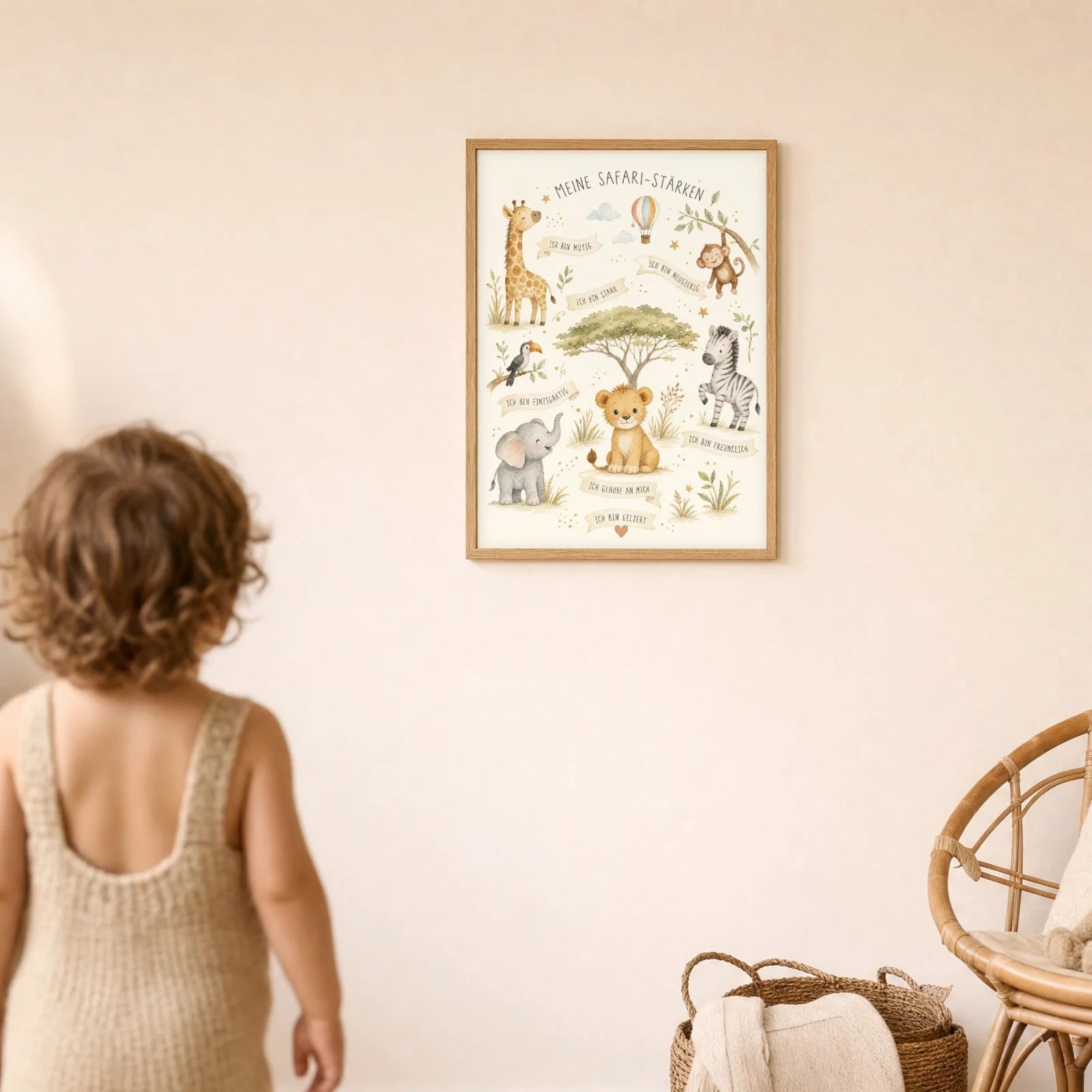 Affirmationsposter Kinderzimmer Safari-Stärken, im Detail auf 300 g Papier