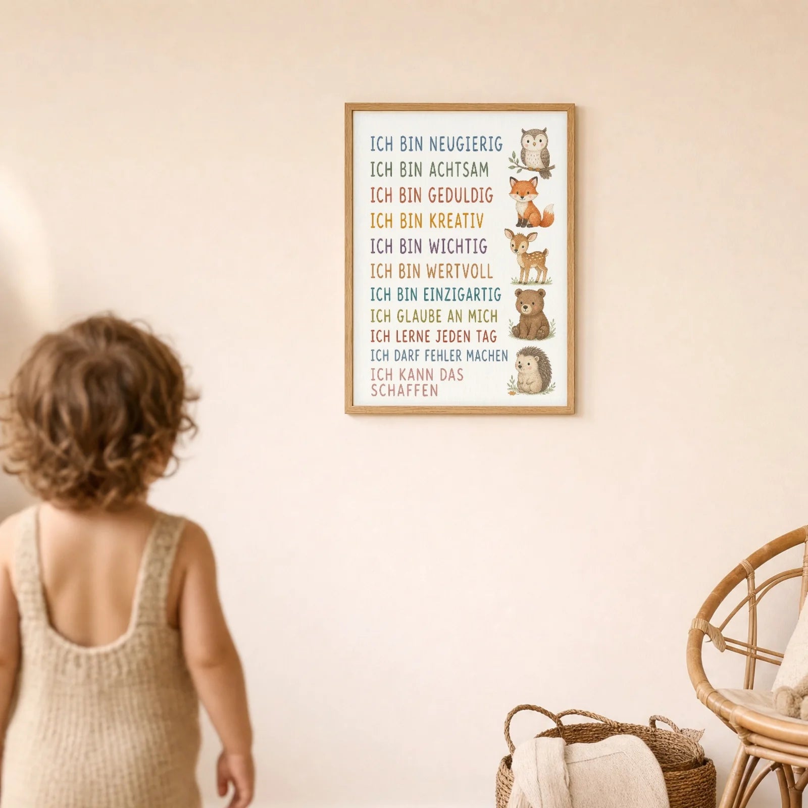 Affirmationsposter Kinderzimmer Waldtiere, im Detail auf 300 g Papier