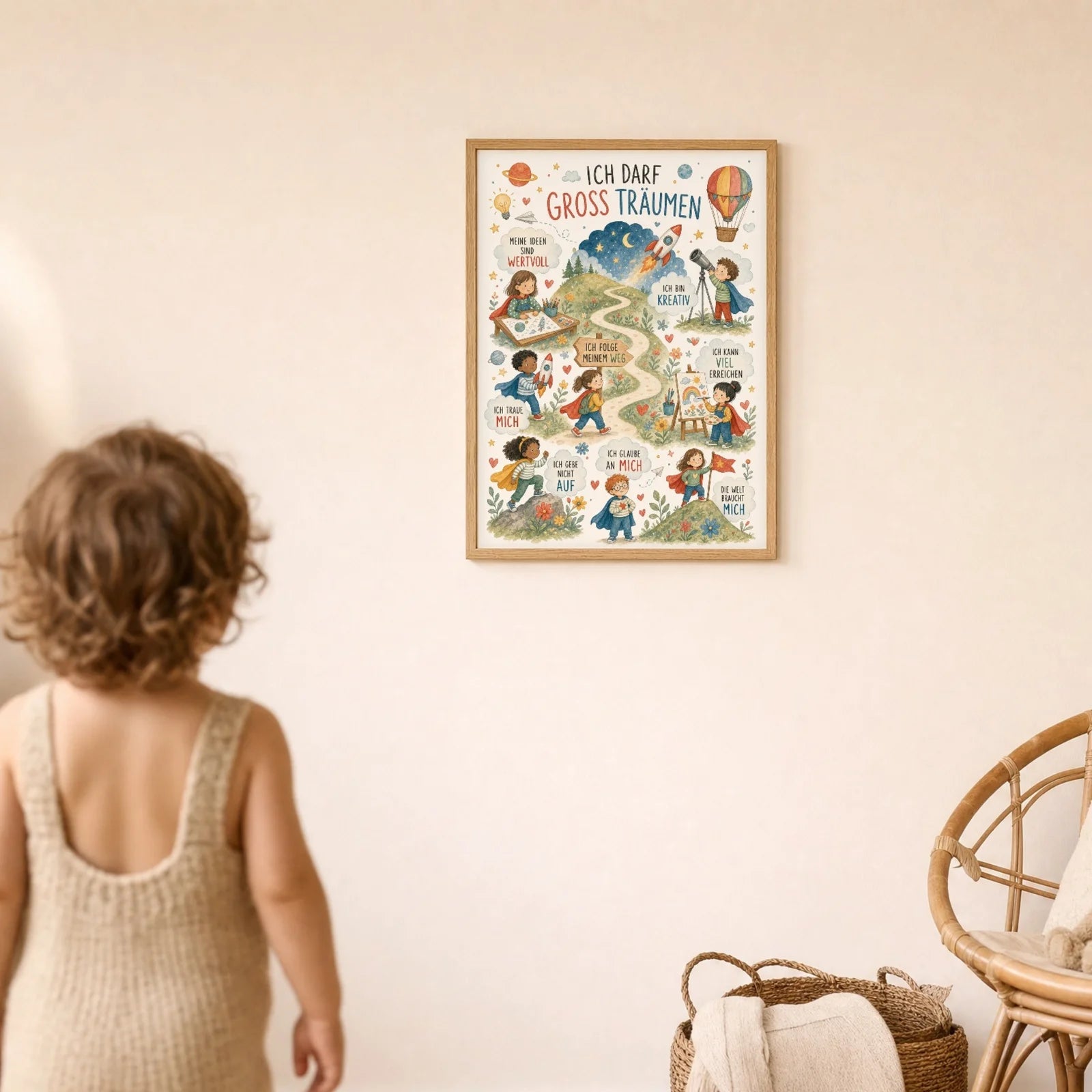 Affirmationsposter Kinderzimmer Wimmelbild Groß träumen, im Detail auf 300 g Papier