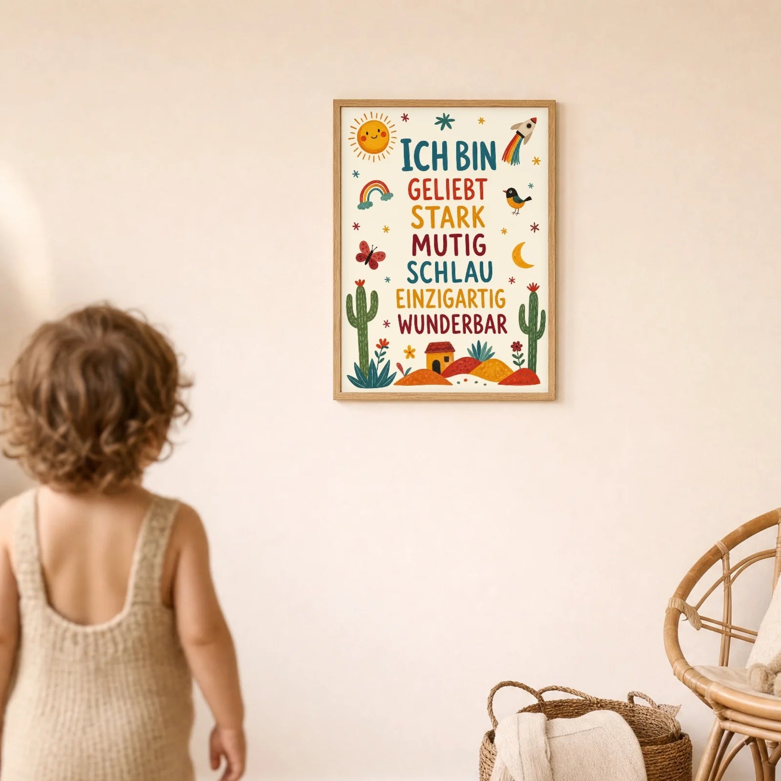 Affirmationsposter Kinderzimmer Wüste Ich bin geliebt, im Detail auf 300 g Papier