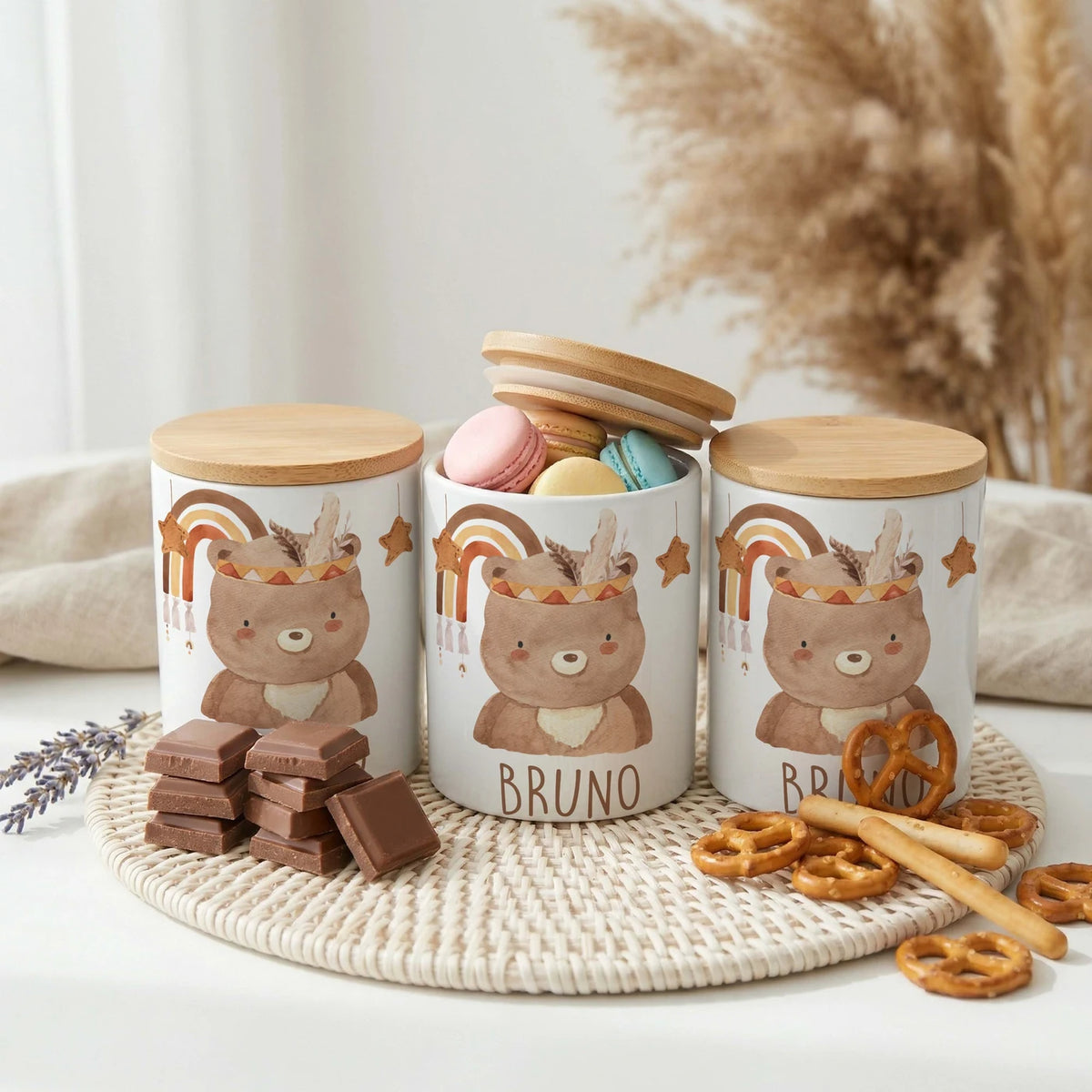 Personalisierte Keksdose Boho-Bär – Keramik & Bambus mit Wunschname
