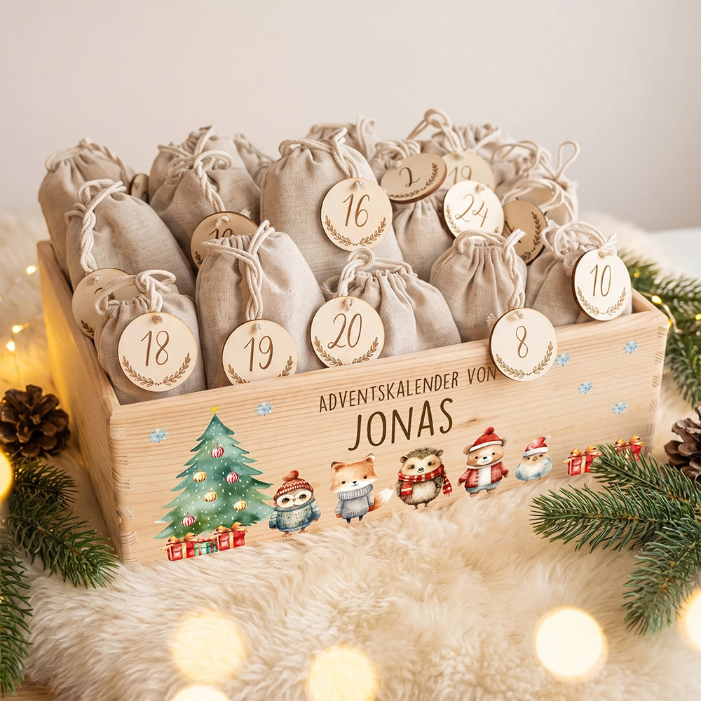 Holzkiste Adventskalender Tierfreunde mit Lichterkette und Tannenzweigen