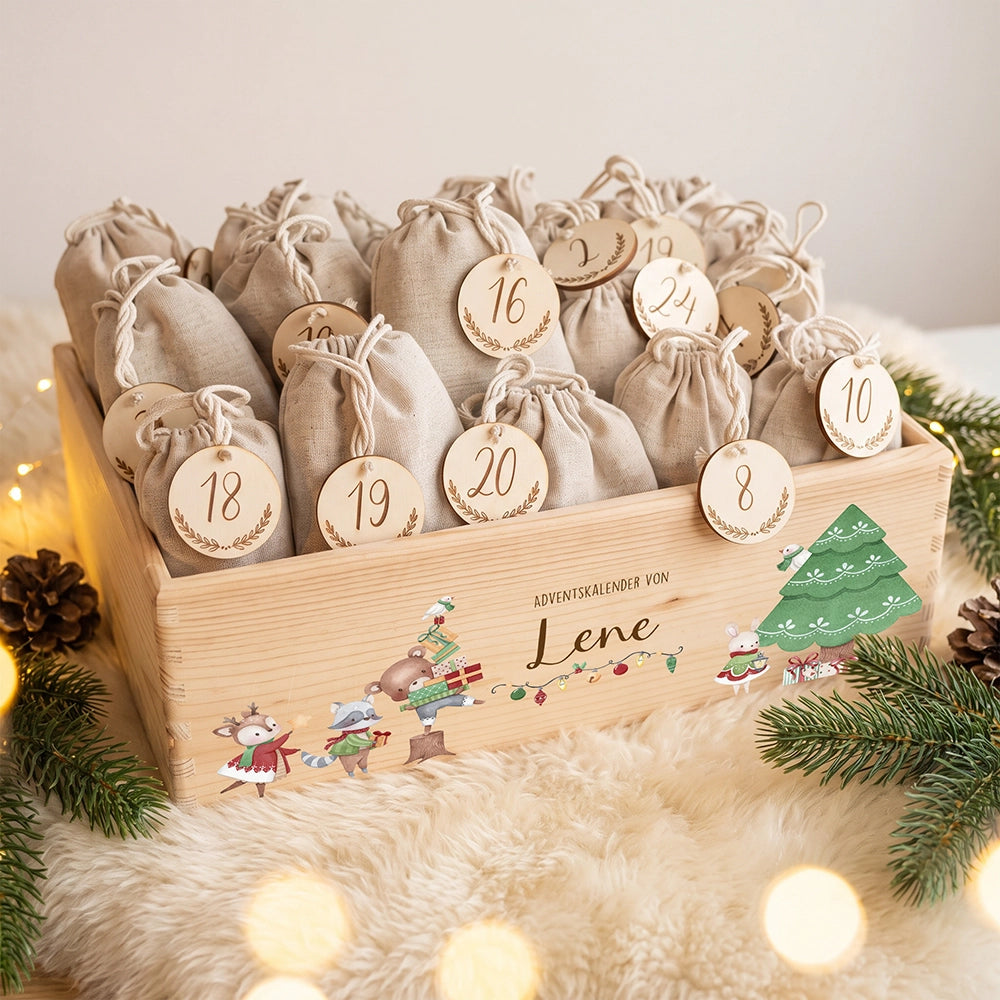 Adventskalender zum Befüllen "Tiere und Weihnachtsbaum" personalisiert