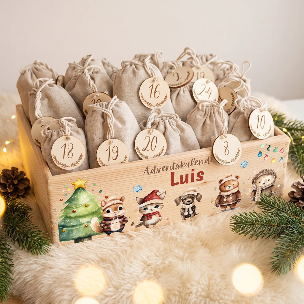 Personalisierter Adventskalender zum Befüllen - Tierfamilie im Winterwald