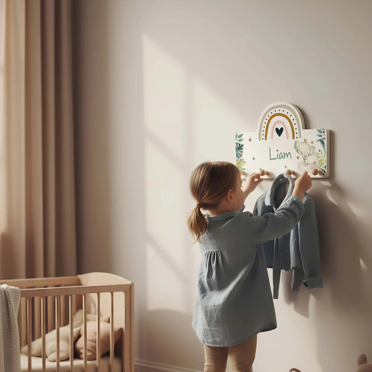 Kindergarderobe Holz personalisiert - Elefant