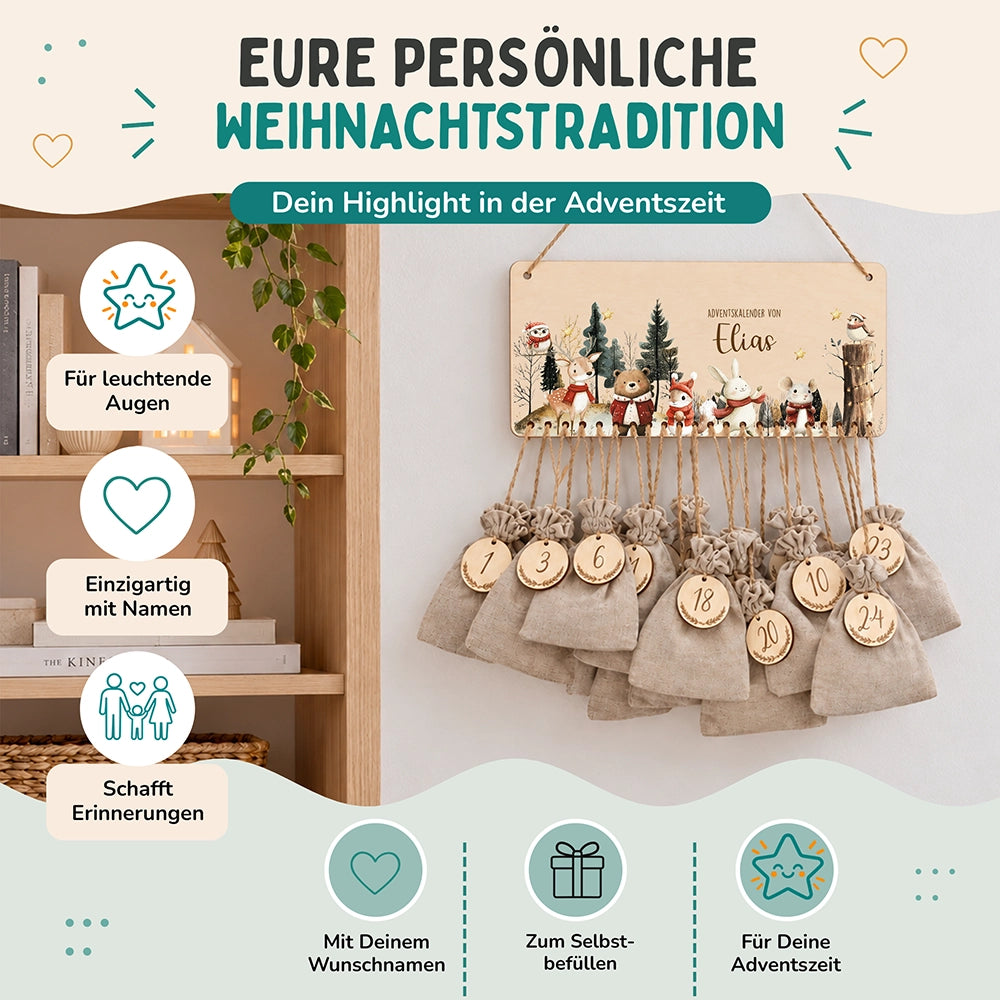 Personalisierbarer Adventskalender farbig - Frohe Tierfamilie