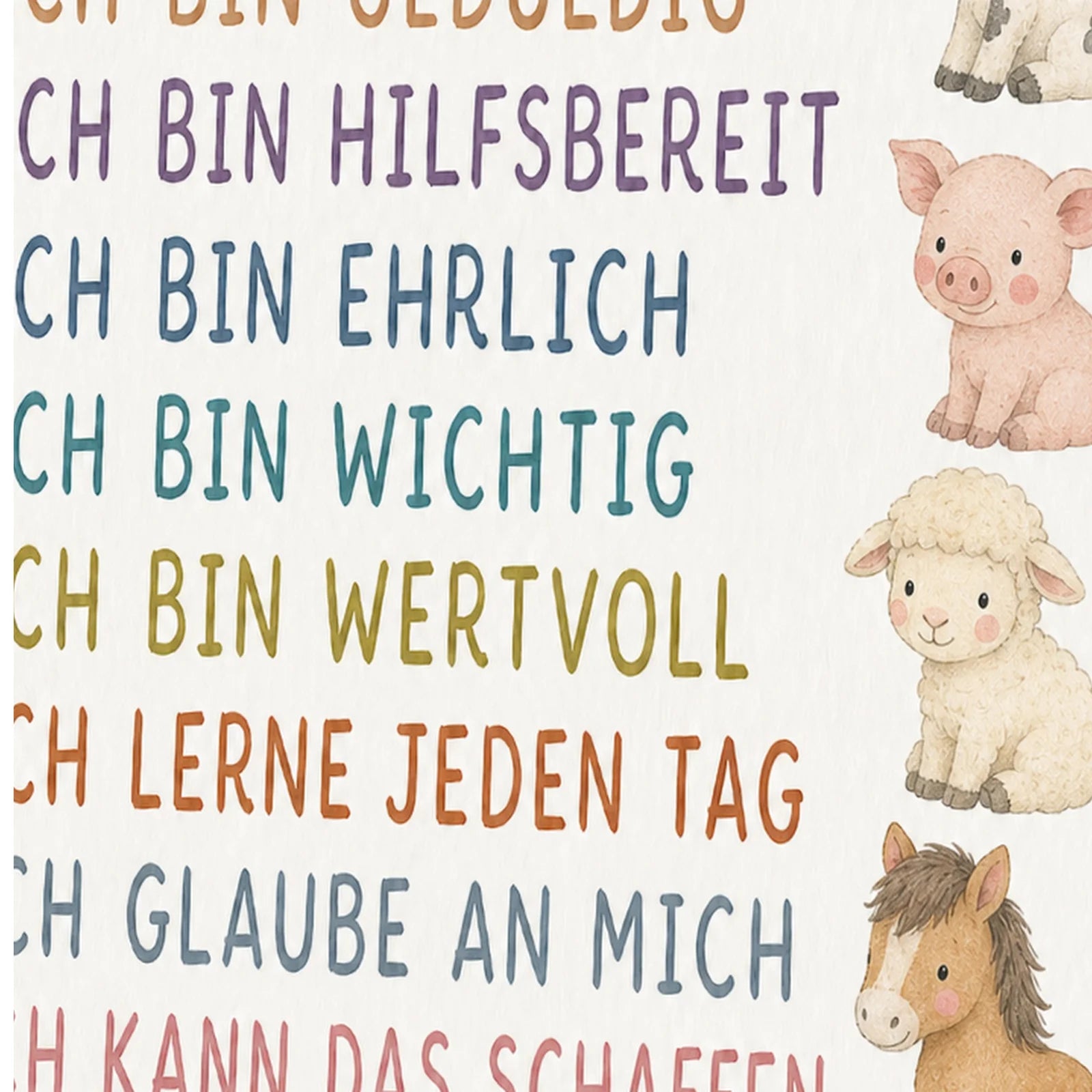 Affirmationsposter Kinderzimmer Bauernhoftiere, als Wandbild im Format 30 x 40 cm