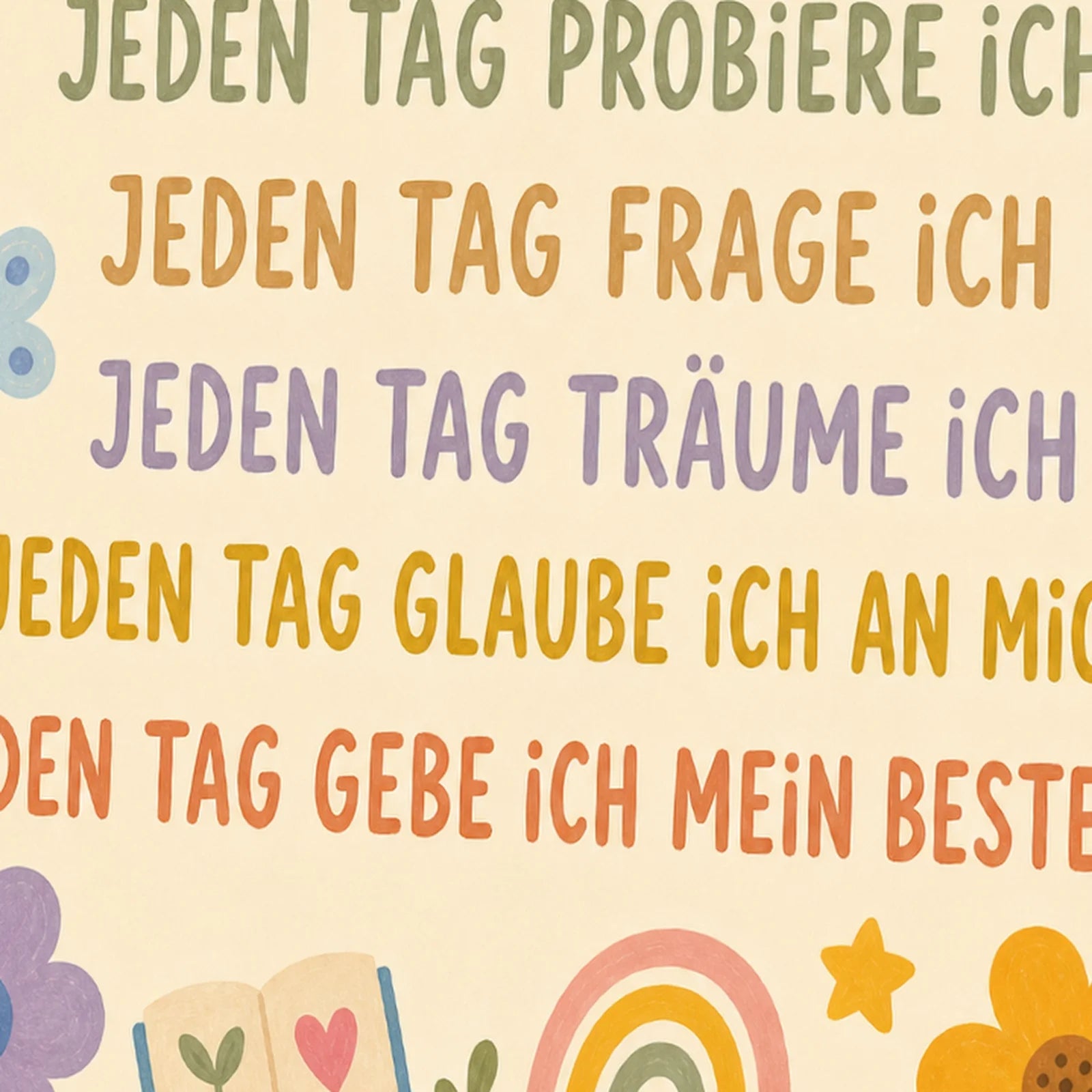 Affirmationsposter Kinderzimmer Blumenwiese Jeden Tag, als Wandbild im Format 30 x 40 cm