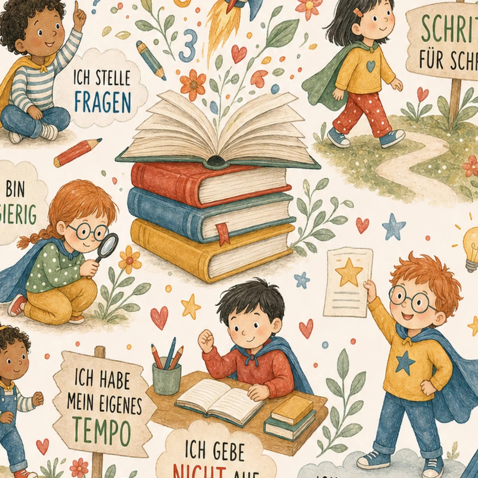 Affirmationsposter Kinderzimmer Wimmelbild Neues lernen, als Wandbild im Format 30 x 40 cm