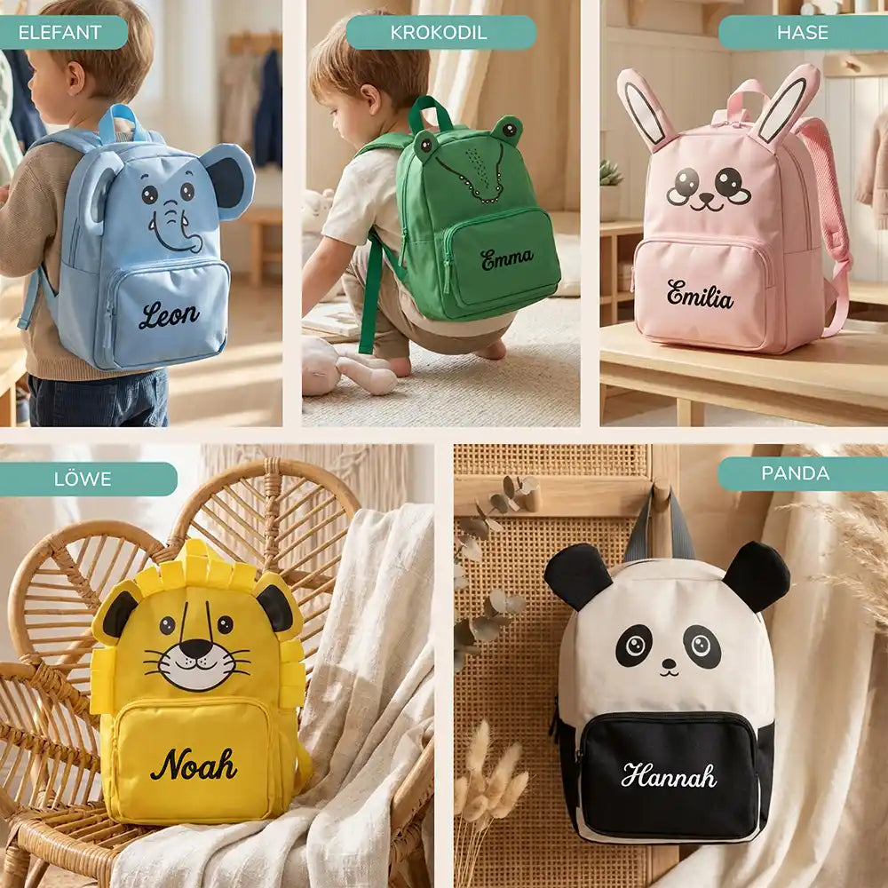 Personalisierter Kinderrucksack Hase, fünf Tiermotive zur Auswahl