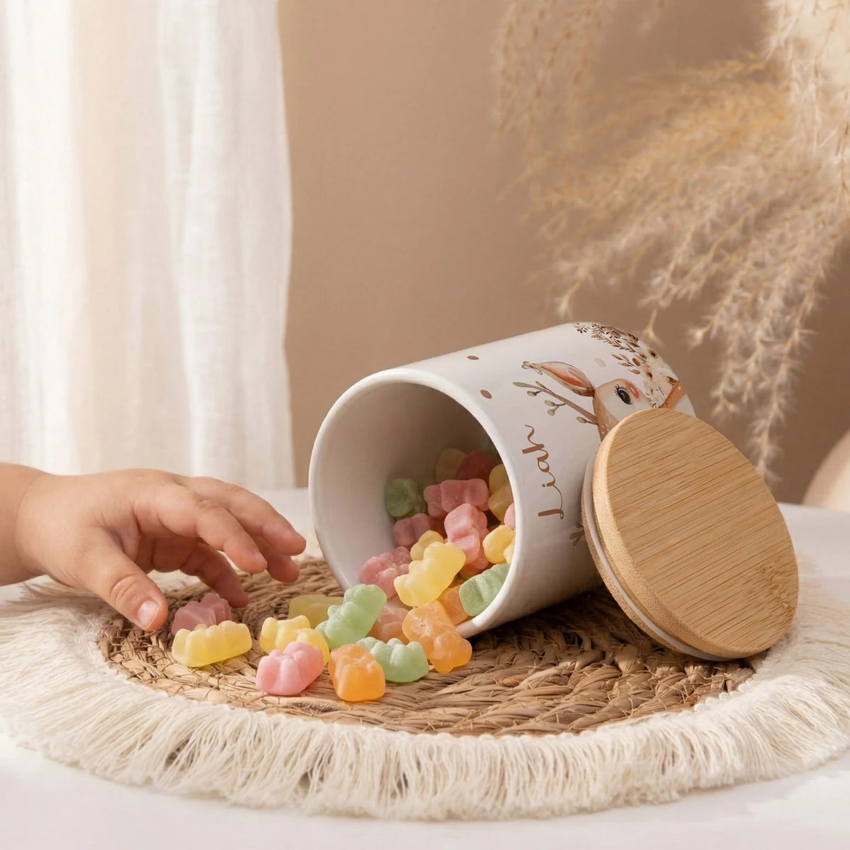 Personalisierte Keksdose Rehkitz Zweige – Keramik & Bambus mit Wunschname