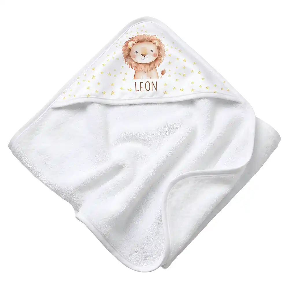 Personalisiertes Kapuzenhandtuch Baby Löwe Sterne – Rattan-Untergrund Produktdetail