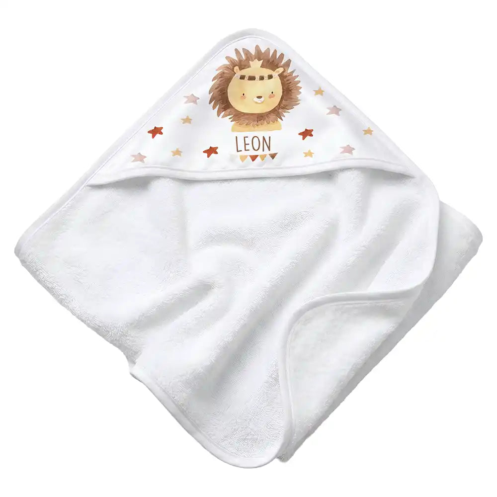 Personalisiertes Kapuzenhandtuch Baby Löwe Krone – Rattan-Untergrund Produktdetail