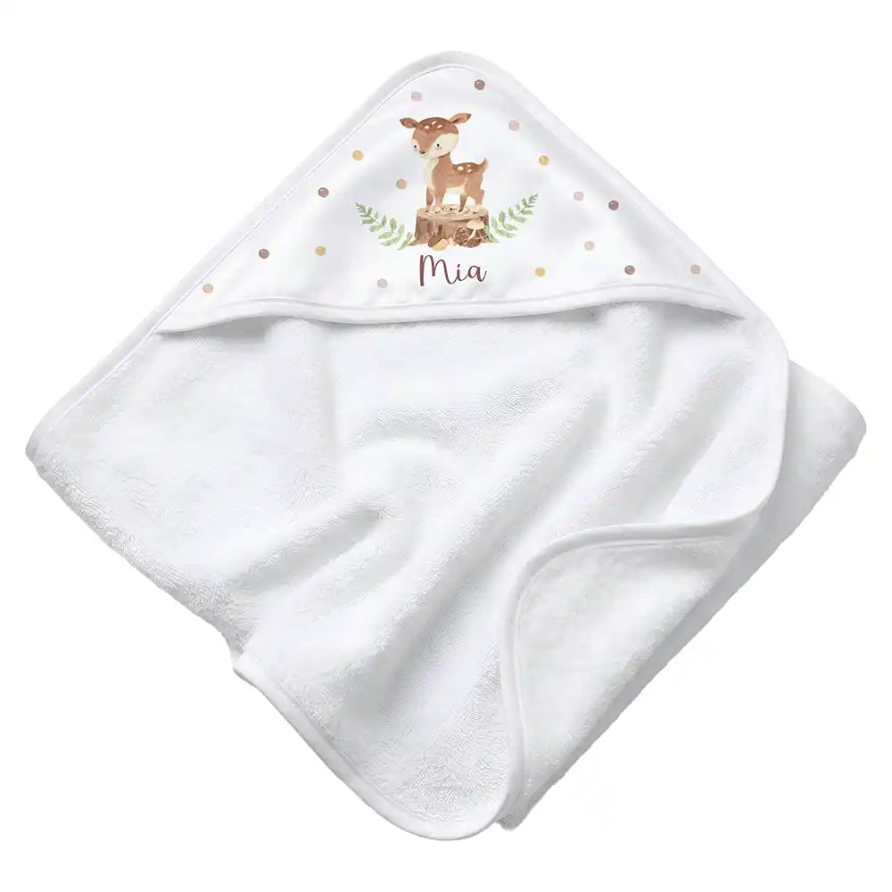 Personalisiertes Kapuzenhandtuch Baby Reh Baumstumpf – Rattan-Untergrund Produktdetail