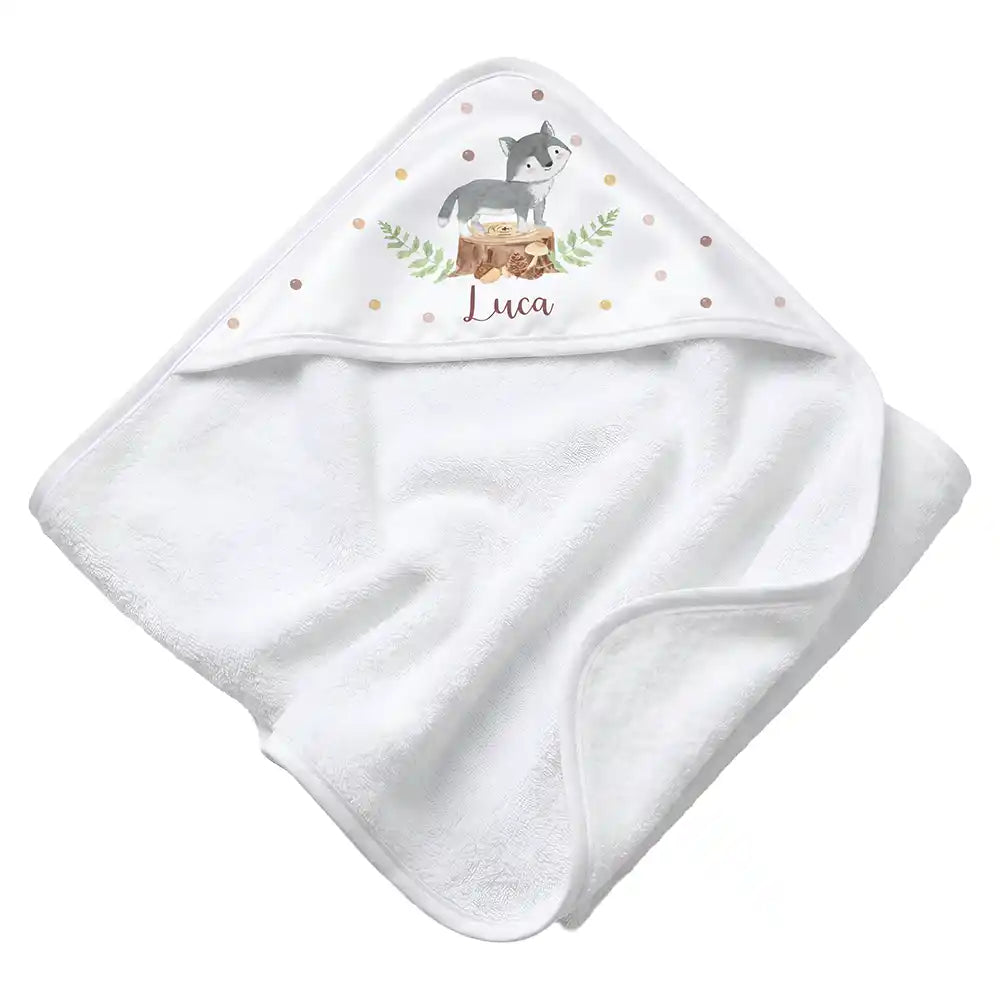 Personalisiertes Kapuzenhandtuch Baby Wolf Wald – Rattan-Untergrund Produktdetail