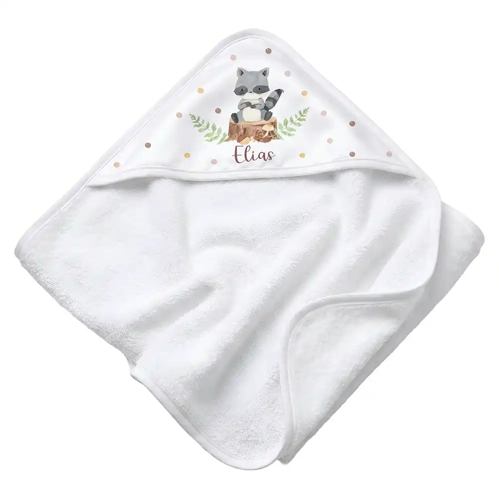 Personalisiertes Kapuzenhandtuch Baby Waschbär Wald – Rattan-Untergrund Produktdetail