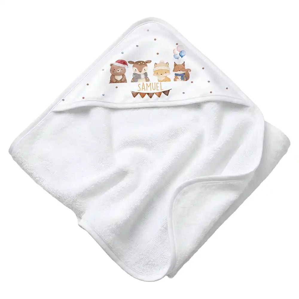 Personalisiertes Kapuzenhandtuch Baby Winter Waldfreunde – Rattan-Untergrund Produktdetail