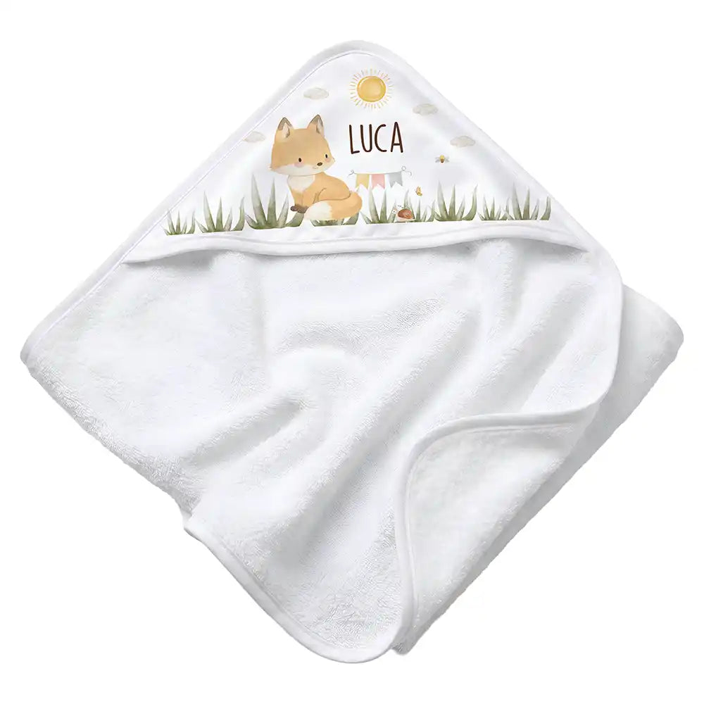 Personalisiertes Kapuzenhandtuch Baby Fuchs Wiese – Rattan-Untergrund Produktdetail