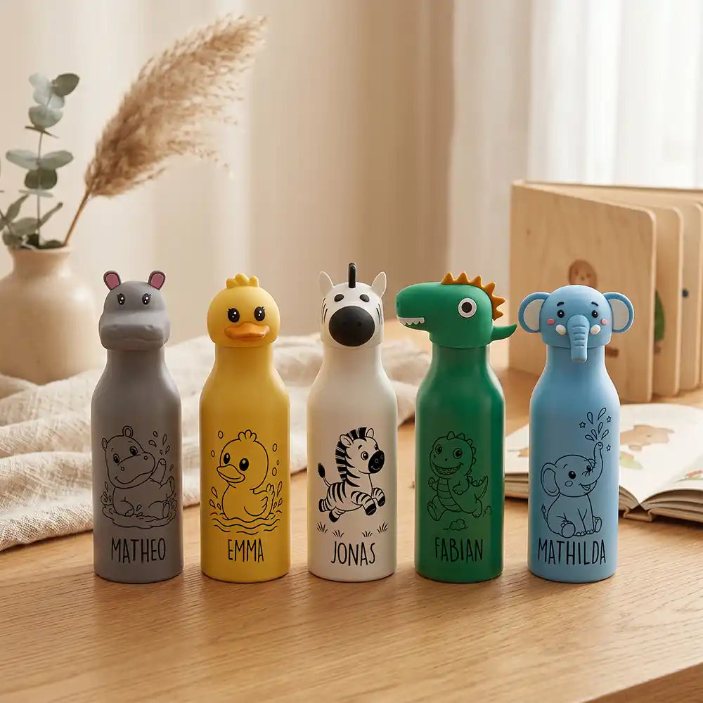 Personalisierte Trinkflasche Kinder Nilpferd, für den Kindergarten mit Tierdesign