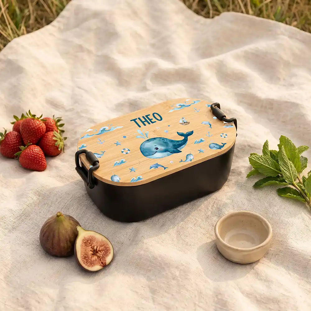 Brotdose Kinder personalisiert Wal und Delfin, Brotdose schwarz in der Kita mit Wunschname
