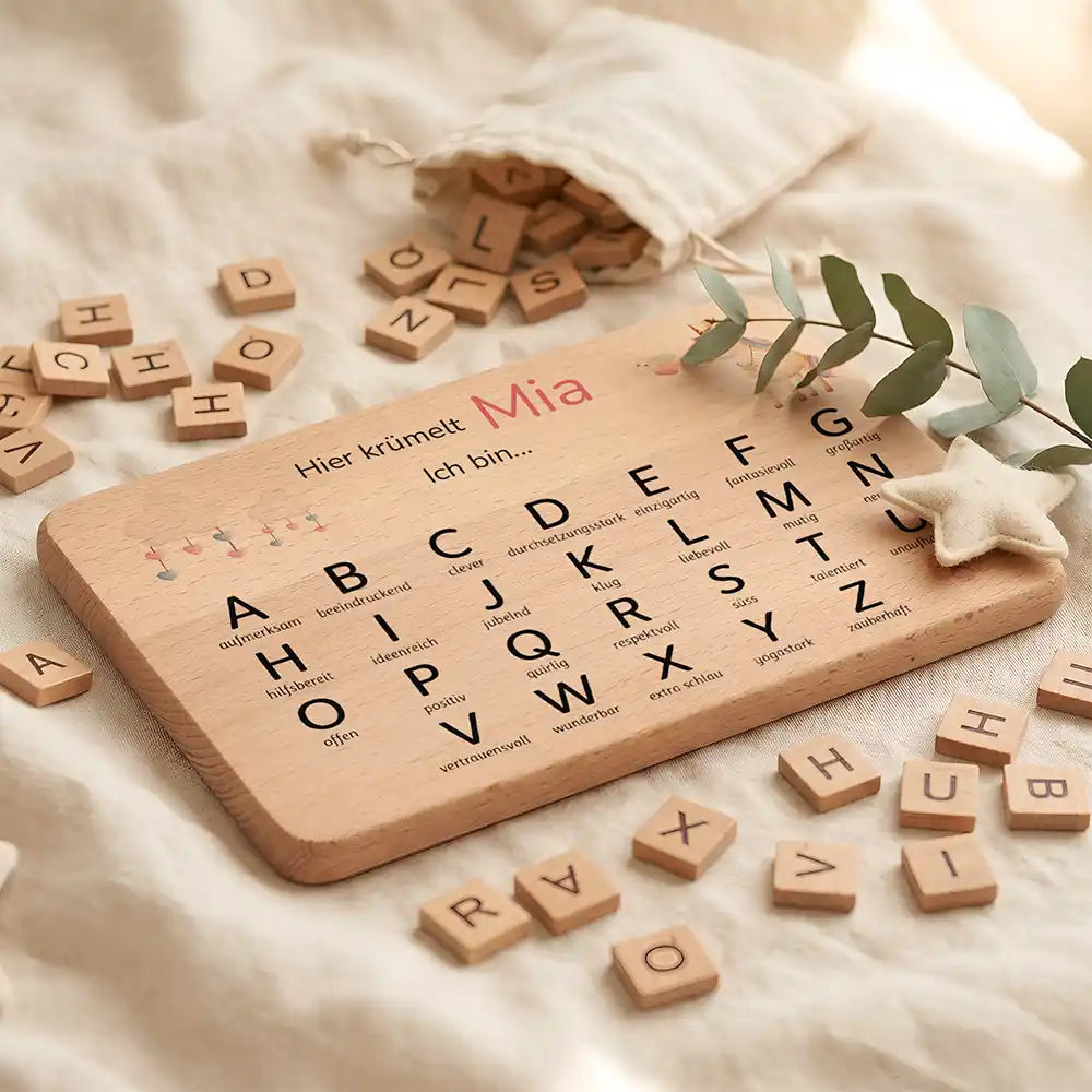 ABC Brettchen Kinder personalisiert Einhorn mit Musiknoten – ABC-Buchstaben Detail
