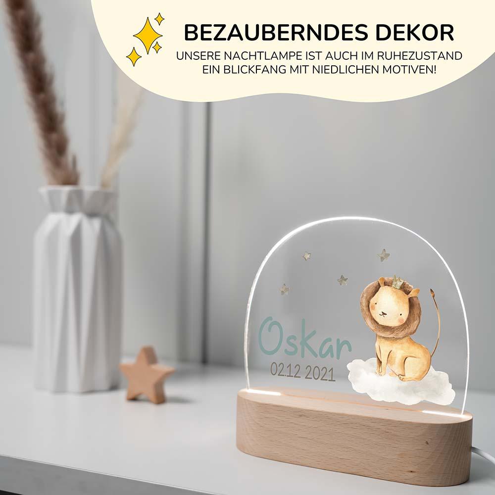 high-quality personalized night lamp with baby lion, crown, and stars